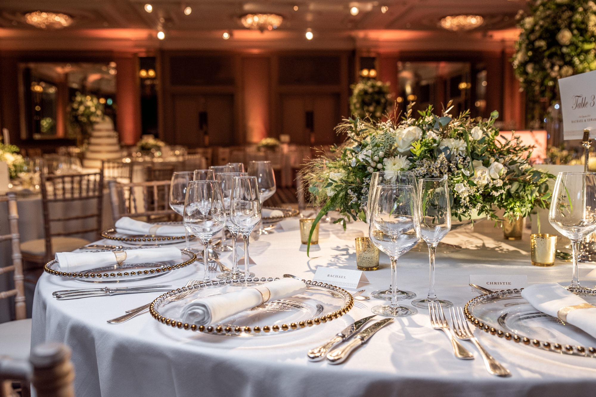 Elegant dining table in Chartwell Ballroom, perfect for weddings and corporate events.