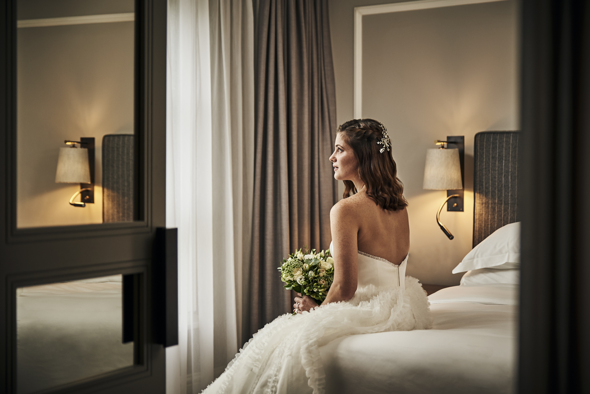 Bride in elegant Chartwell Ballroom, Hyatt Regency London - pre-wedding moments.