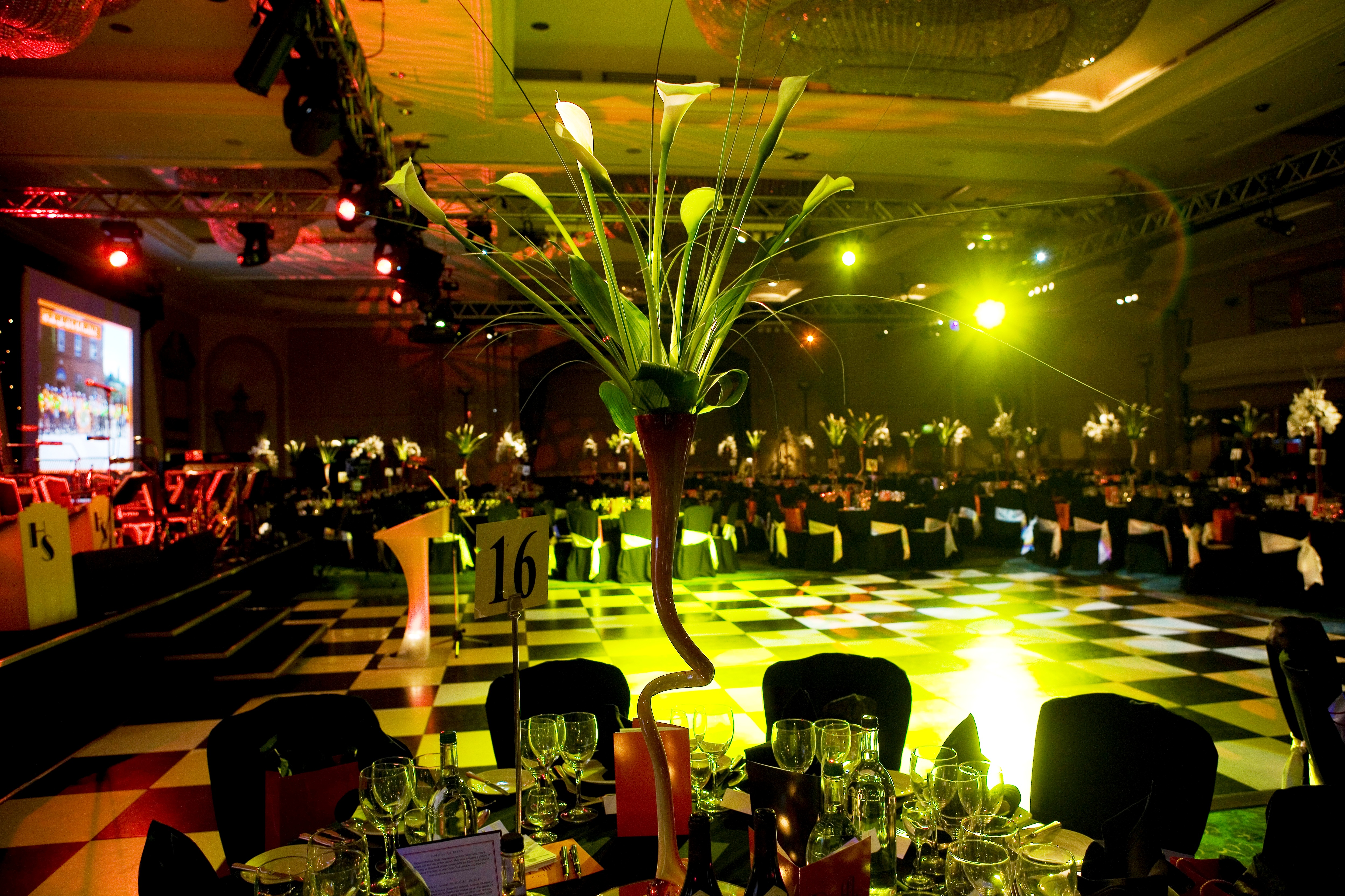 Grand Ballroom at London Hilton: elegant setup with tall centerpieces for events and celebrations.