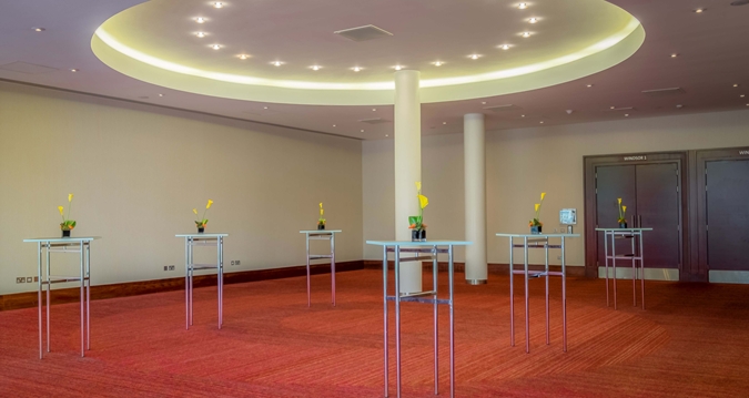 Windsor Suite at Hilton Reading: versatile event space with high-top tables for networking.