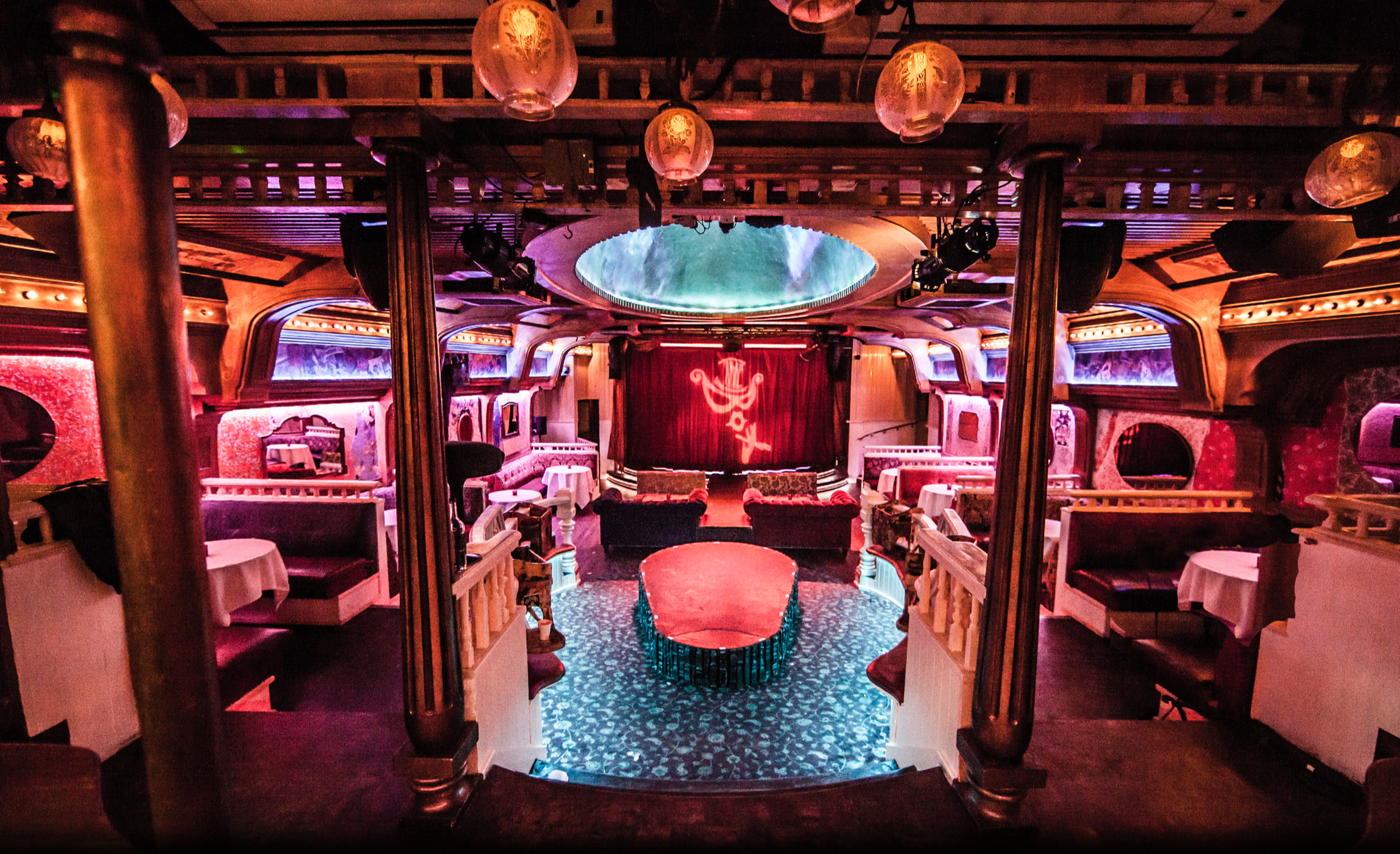 Vibrant Theatre in The Box Soho with plush seating for cocktail receptions and events.