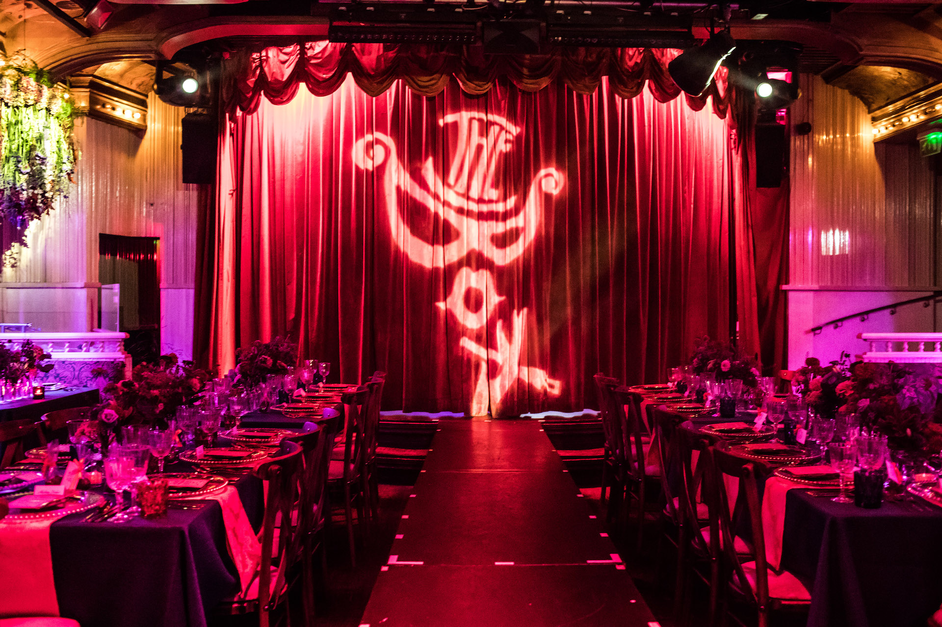 Elegant dining setup in Theatre at The Box Soho, perfect for gala dinners and performances.