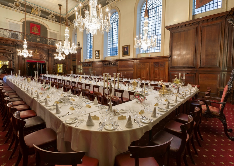 Elegant banquet hall at Vintners' Hall, perfect for corporate dinners and gala events.