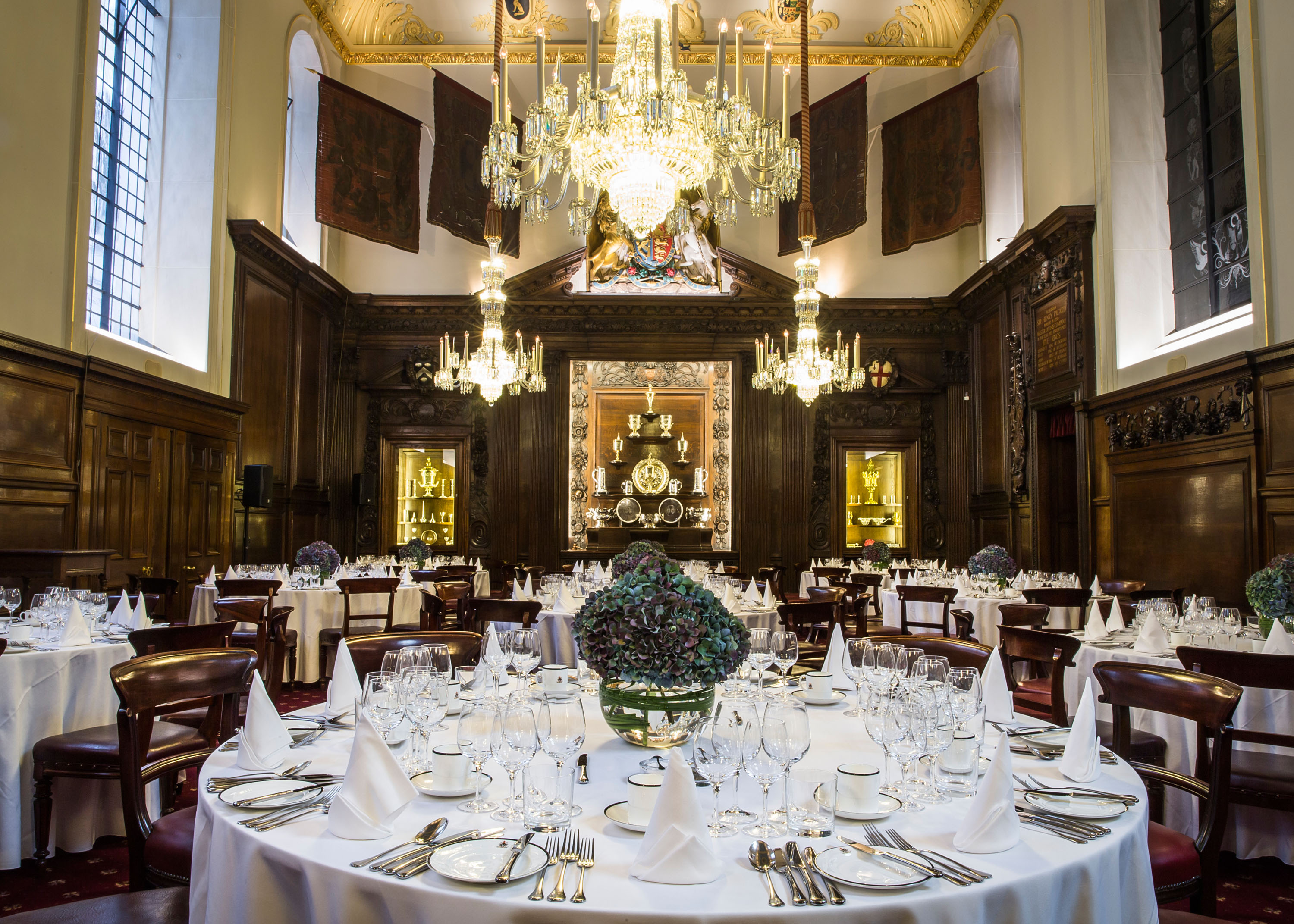 Elegant banquet hall in Vintners' Hall, perfect for formal events and celebrations.