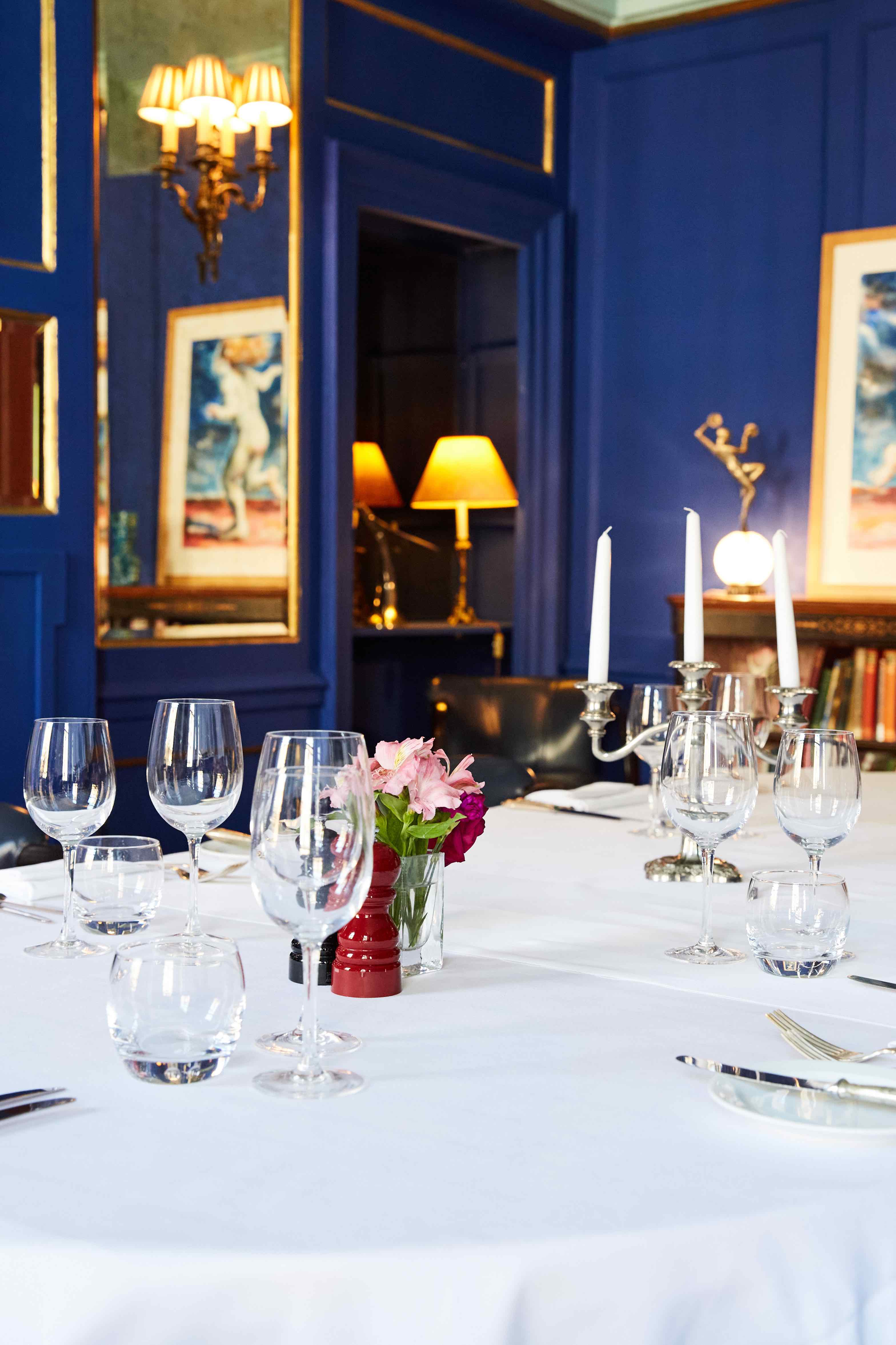 Blue dining room, candelabra, corporate event, private party