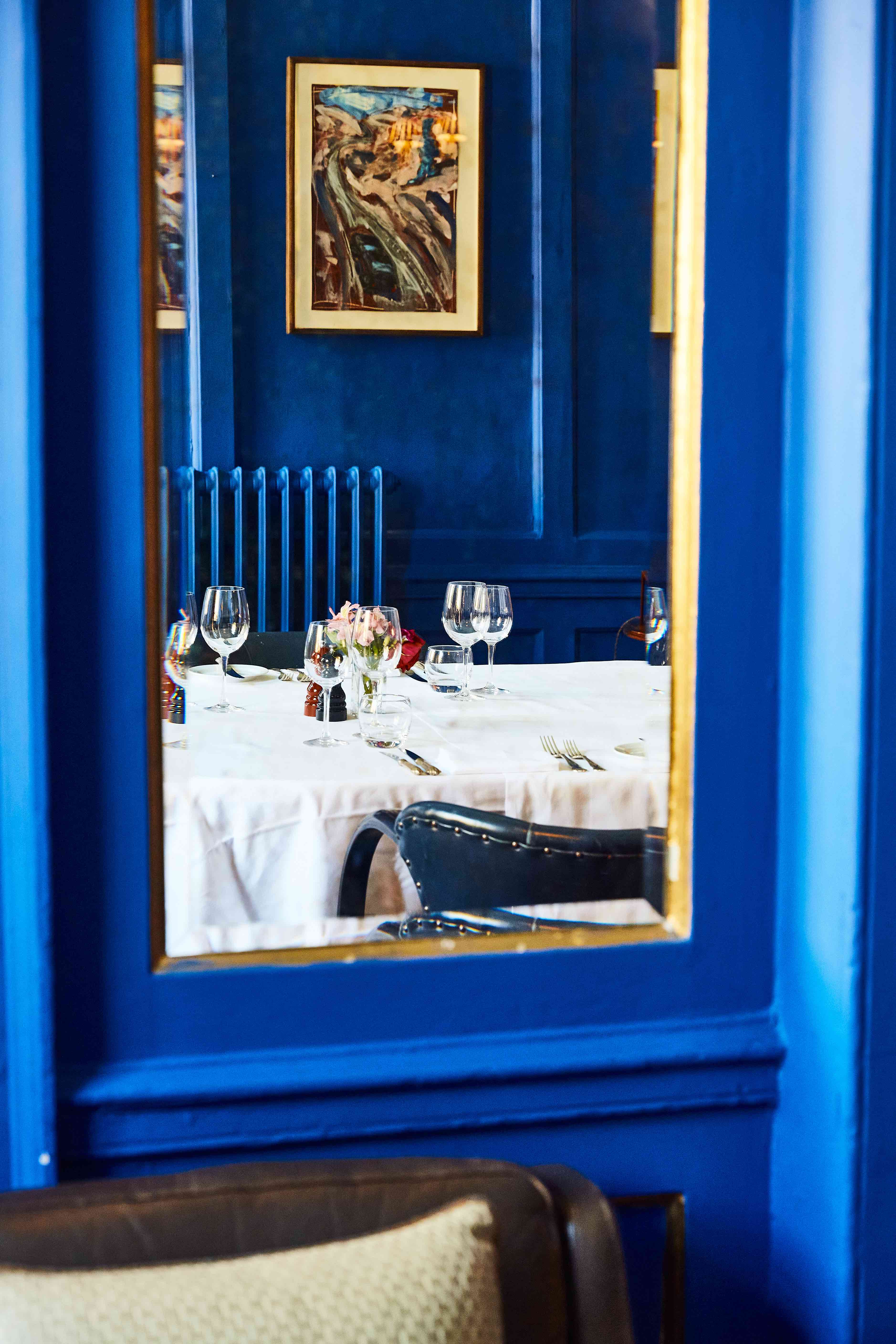 Blue banquet event room, classic upscale dining meeting