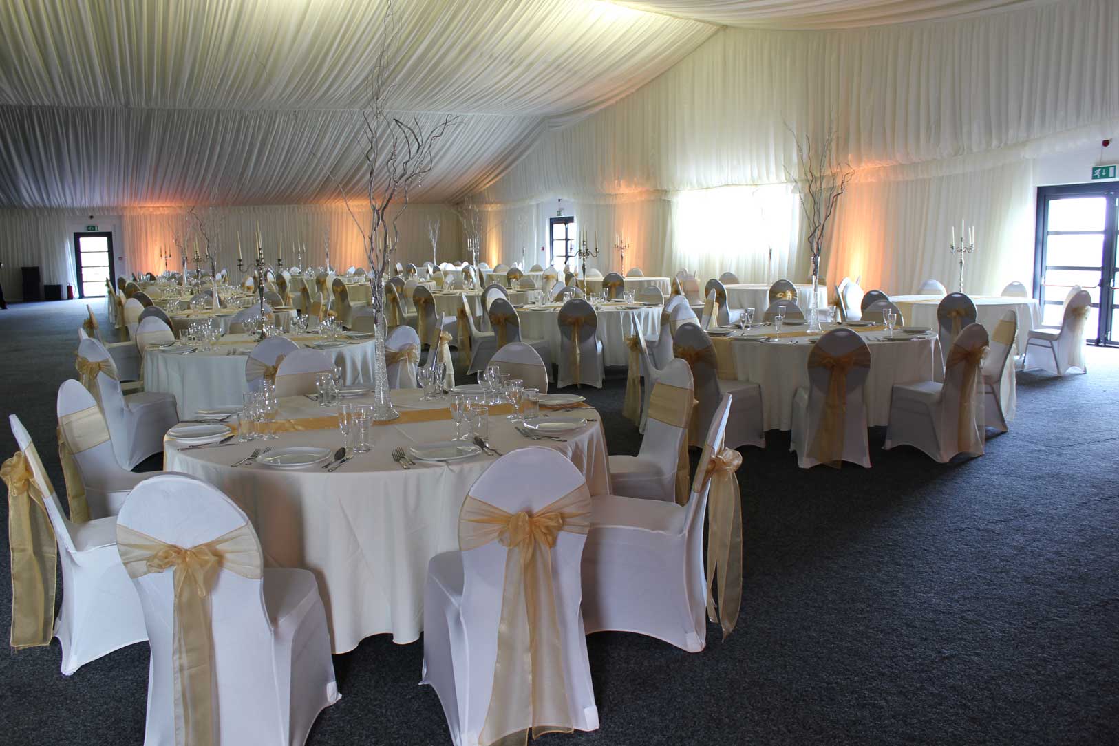 Clive Emson Conference Hall, elegantly draped for weddings and formal events.