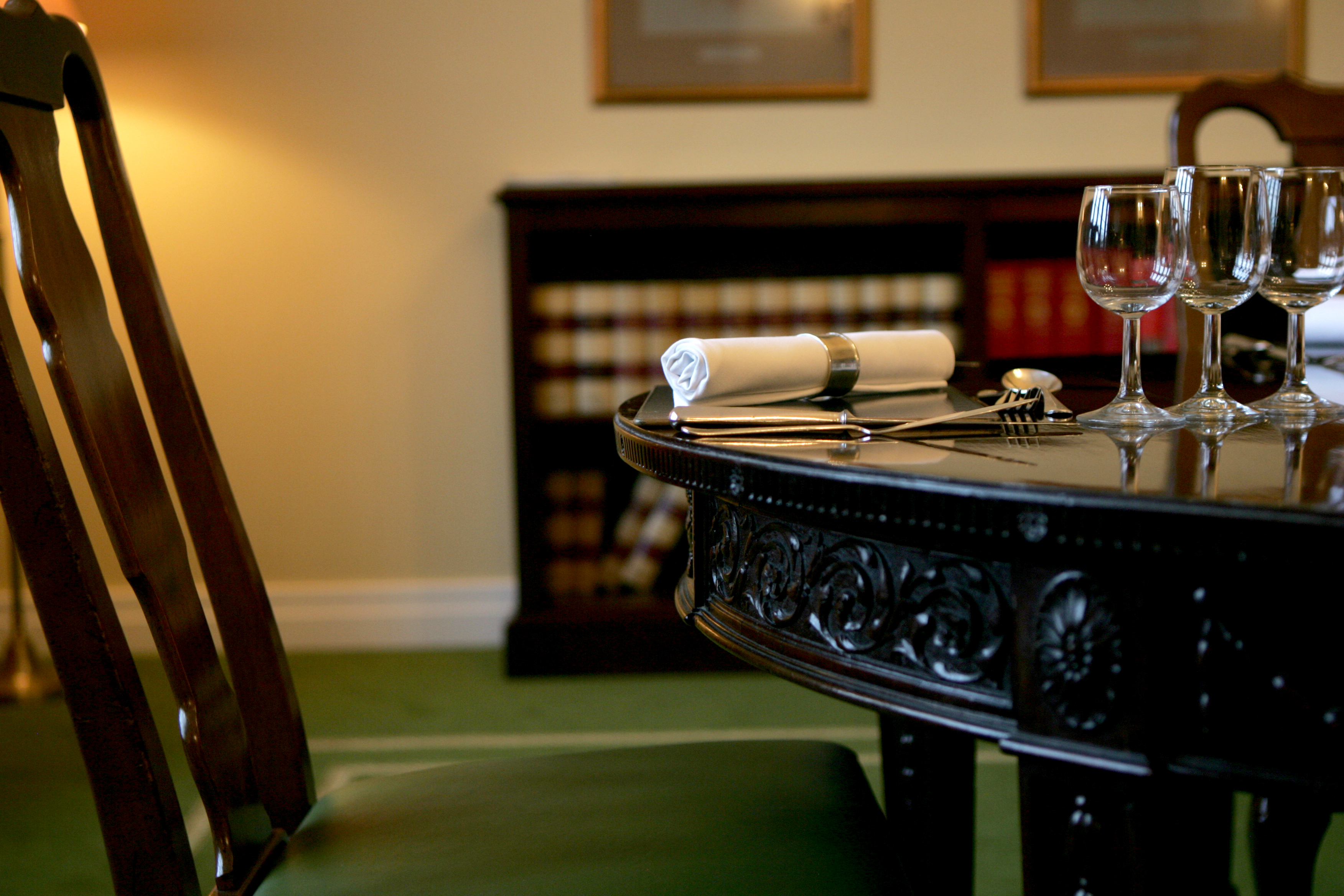 Elegant meeting room table setup at The Benchers' Library for executive events.
