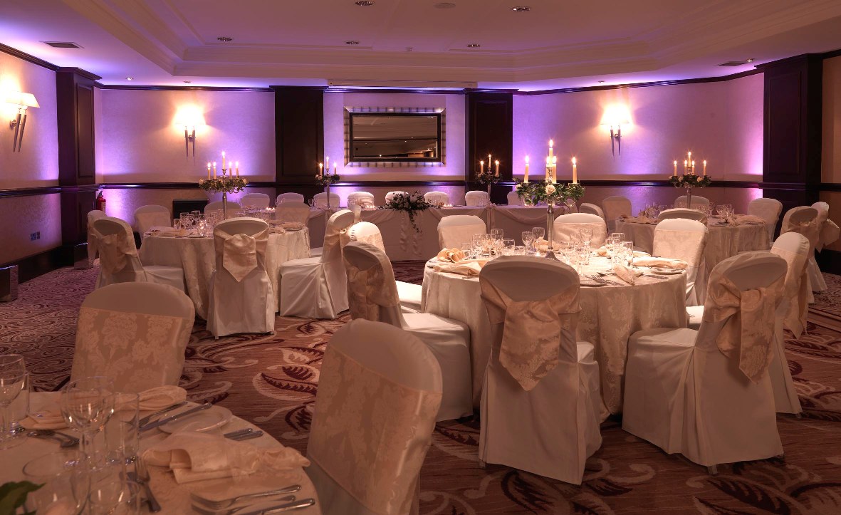Elegant banquet room in Edinburgh Grosvenor Hotel, perfect for weddings and corporate events.