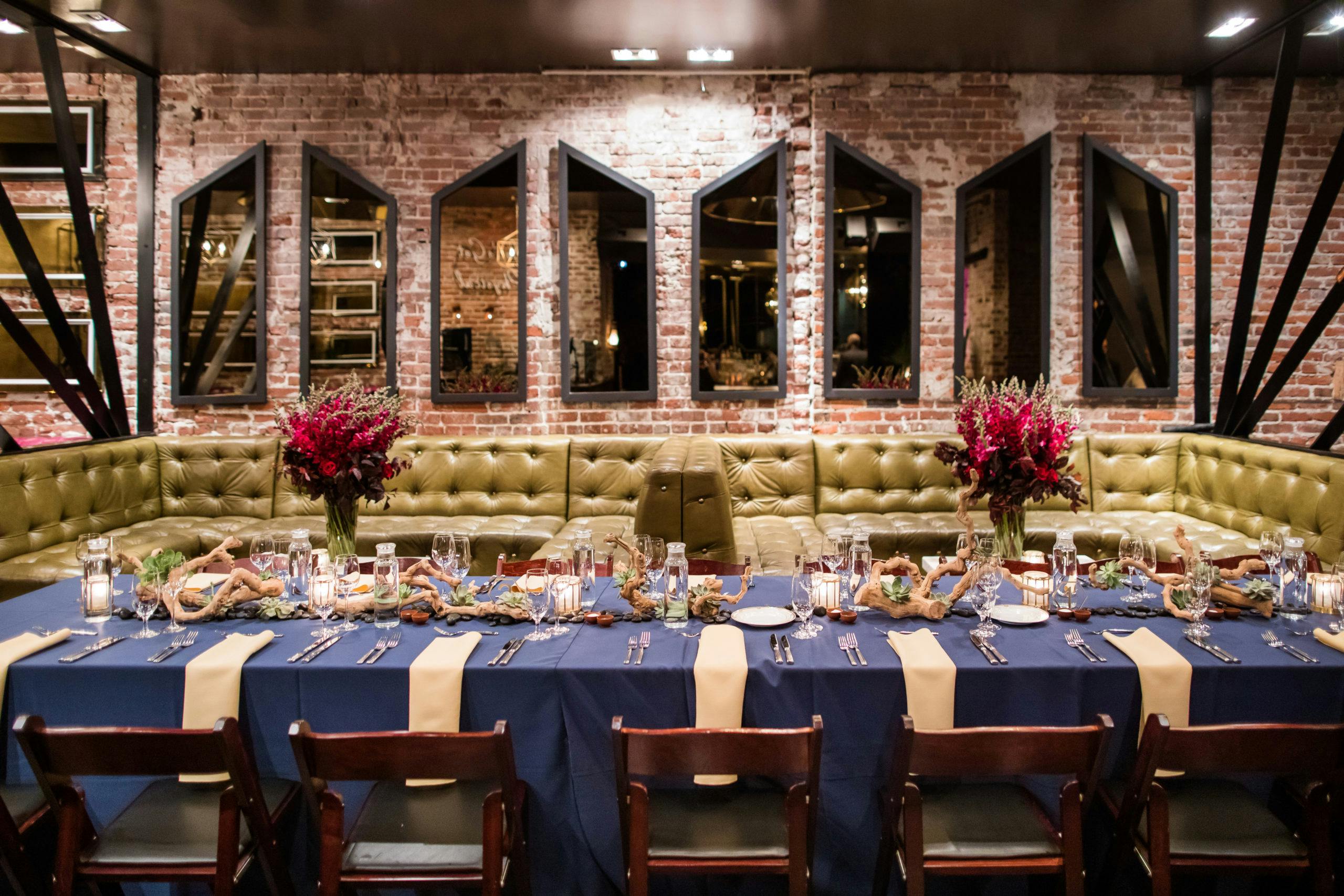 Private dining room with elegant table setup for corporate dinners or intimate celebrations.