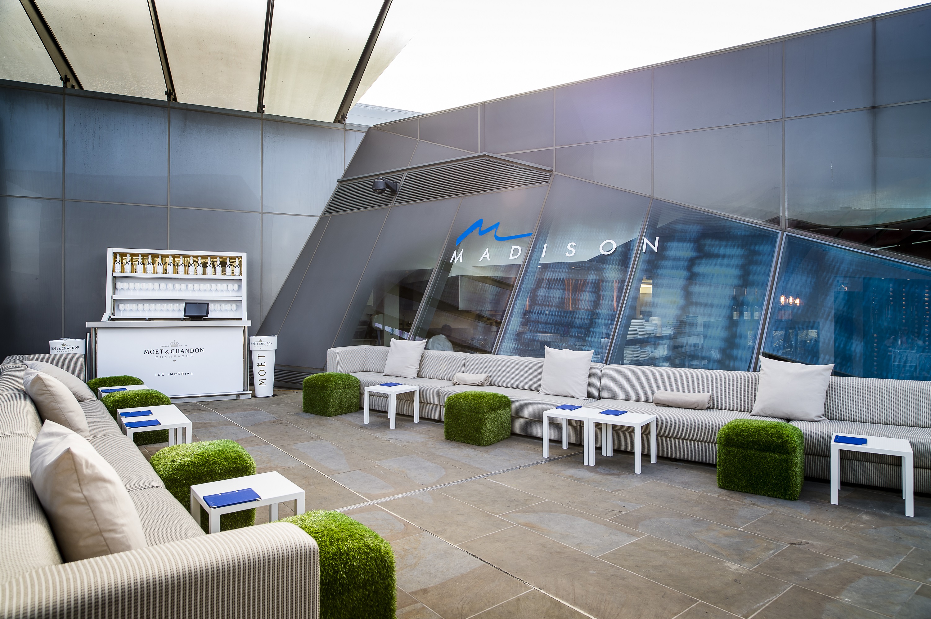 Stylish outdoor event space in Madison with modern seating for networking and cocktail receptions.