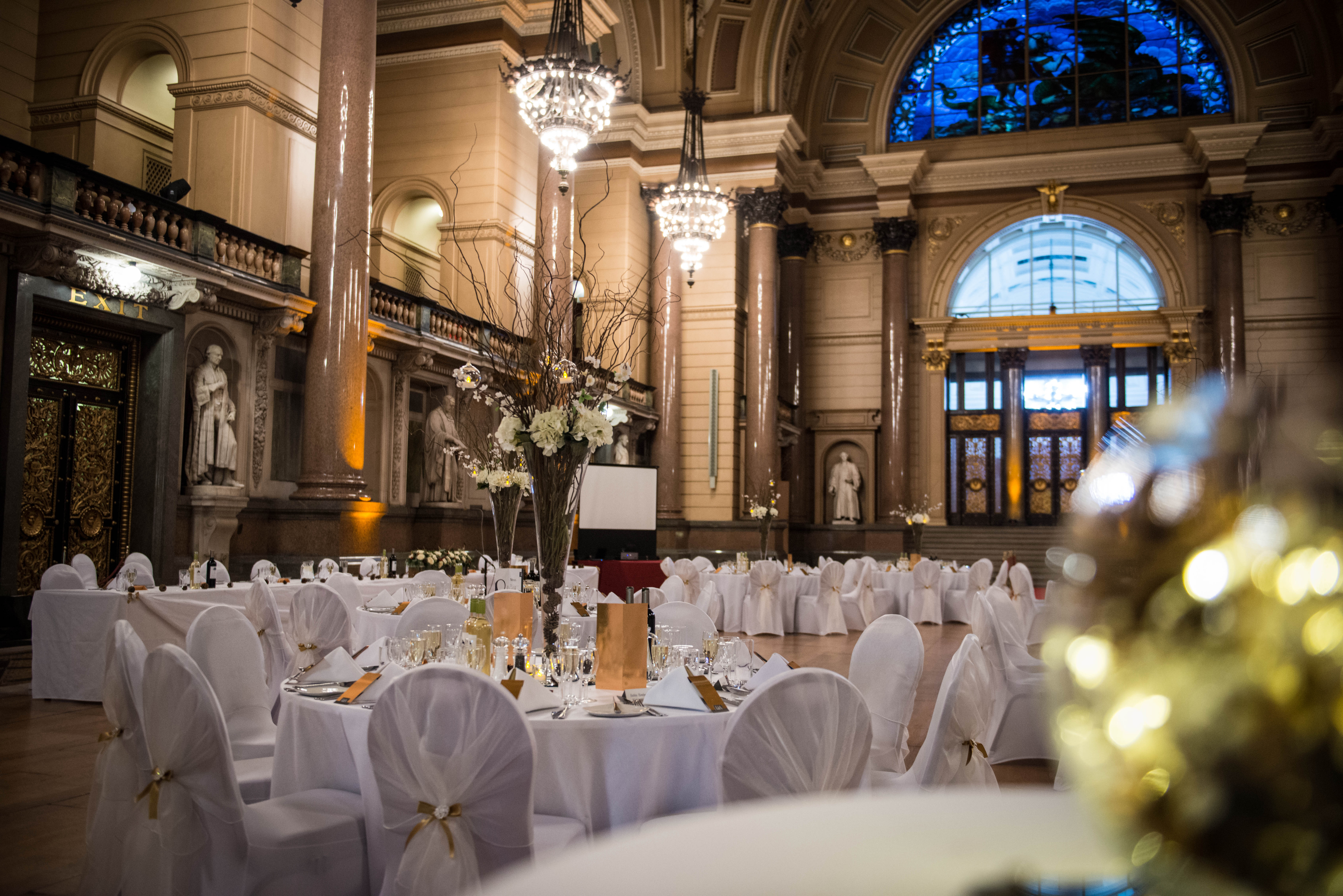 Elegant banquet hall in St George's Hall, perfect for weddings and upscale events.