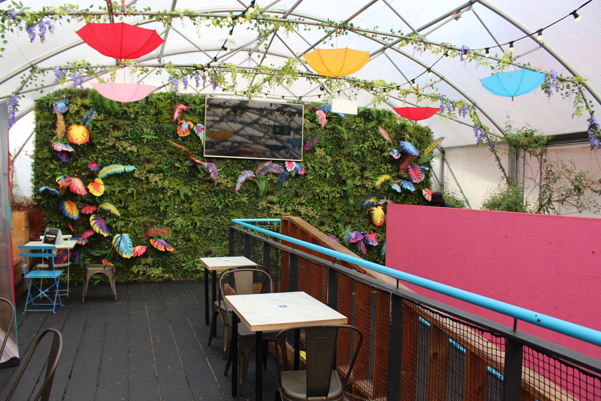 Vibrant event space with greenery and umbrellas for casual gatherings and workshops.