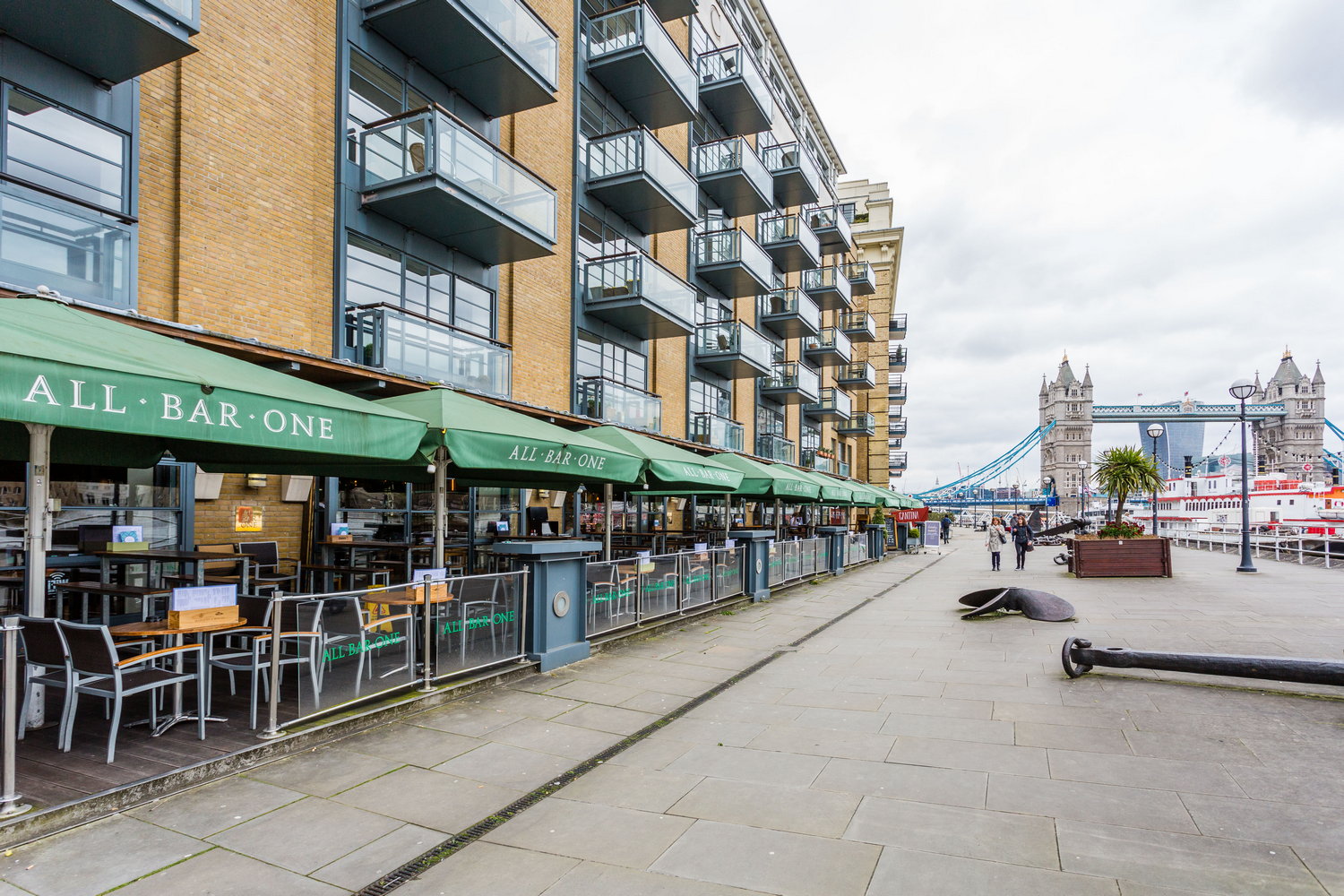 Decked terrace at All Bar One with Tower Bridge views, ideal for outdoor events.