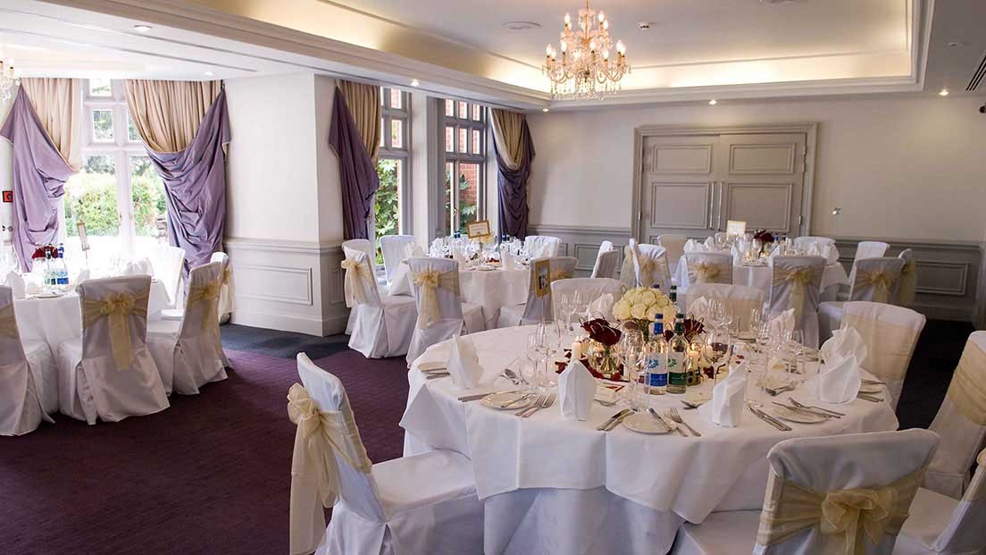 Elegant Cornwall Suite banquet room at Woodlands Park Hotel for weddings and corporate events.