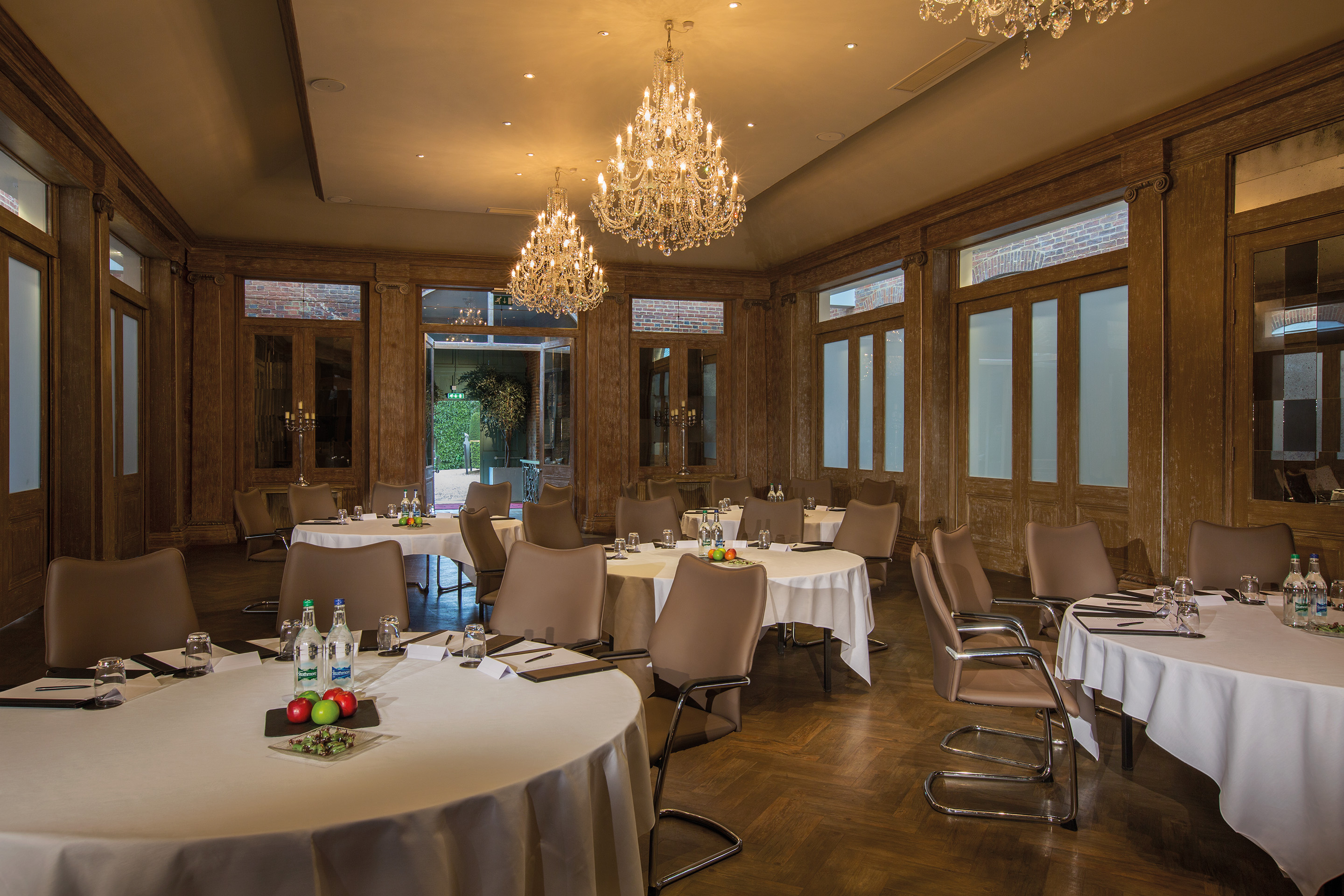 Elegant meeting space in Saunders Room, Fawsley Hall for corporate events and gatherings.