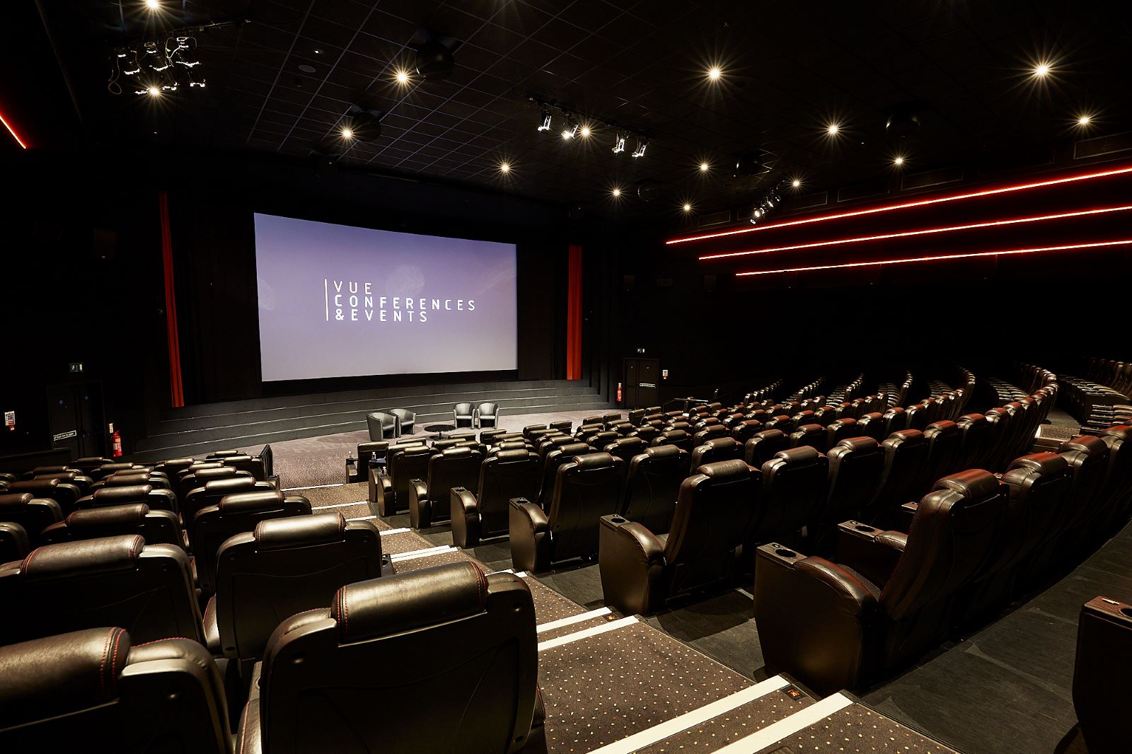 Modern Vue West End cinema with plush seating, ideal for corporate events and screenings.