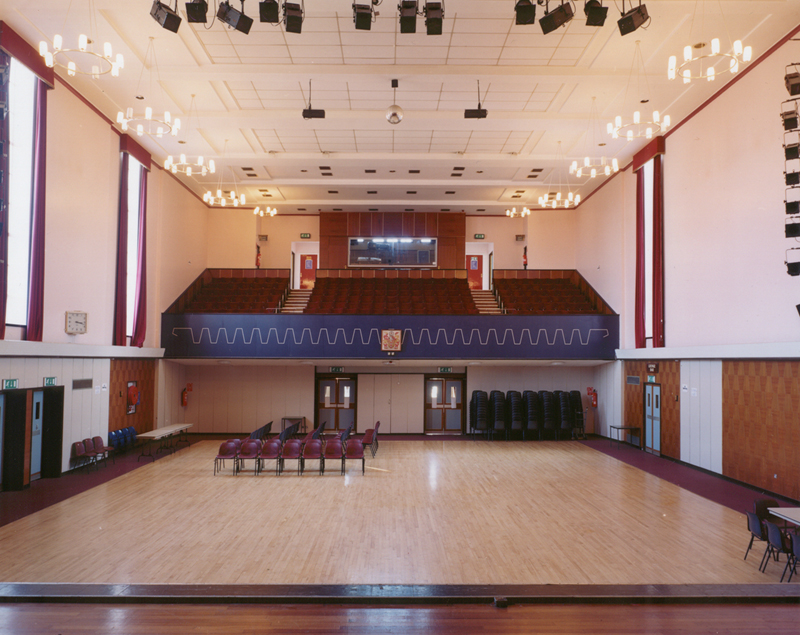 Main Hall in Brierley Hill Civic Hall, spacious venue with polished wooden floor for events.