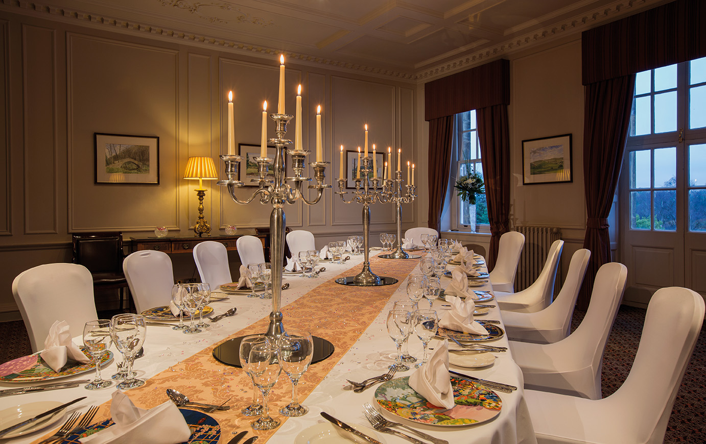 Elegant dining table in Presidents lounge, Crathorne Hall Hotel for formal events.