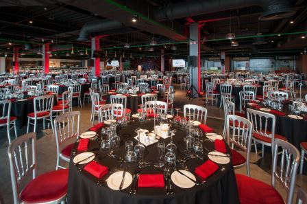 Carlsberg Dugout at Liverpool FC, elegant dinner setup for corporate events and gala dinners.