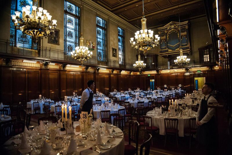 Great Hall at Merchant Taylors' Hall, elegant banquet setup for weddings and corporate events.