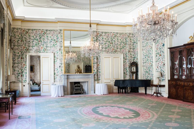 Elegant Drawing Room at Merchant Taylors' Hall with floral wallpaper, perfect for events.