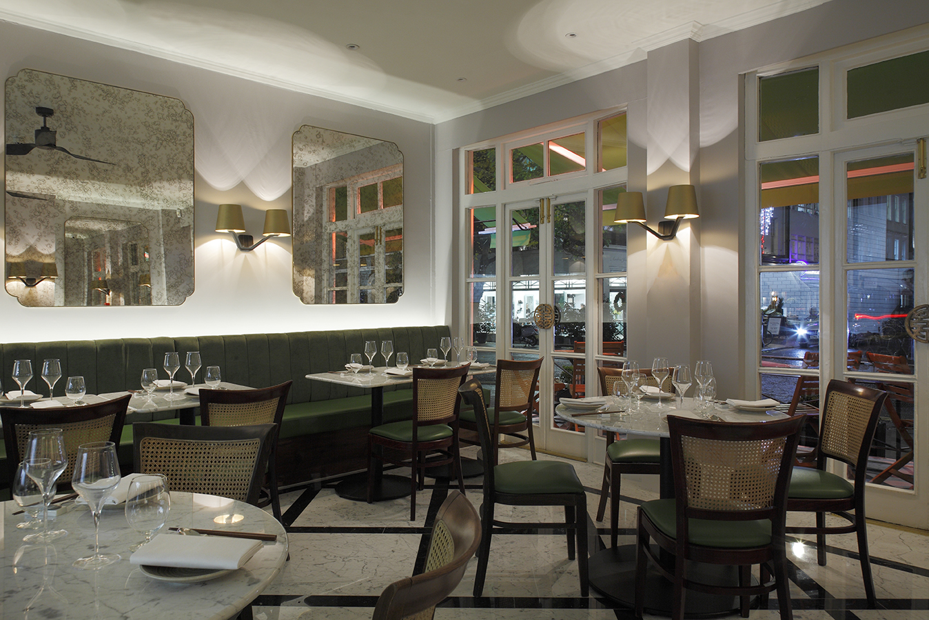 Stylish restaurant interior with elegant decor for upscale events and gatherings.