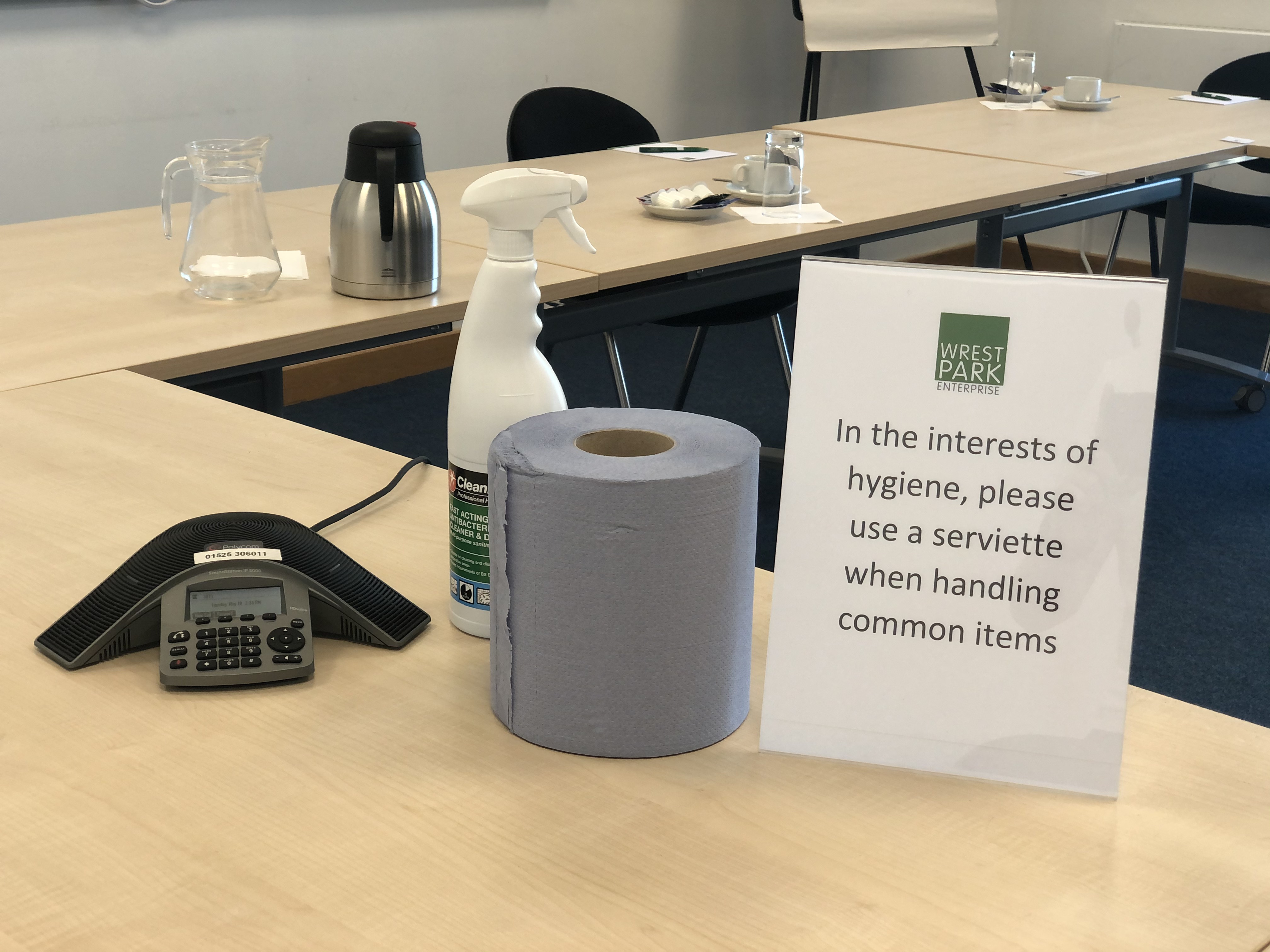 Training room setup at Endeavour House emphasizing hygiene for safe meetings.