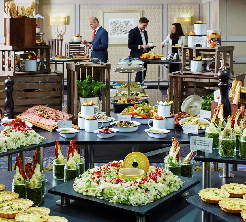 Westminster Ballroom buffet setup at London Marriott for corporate networking event.