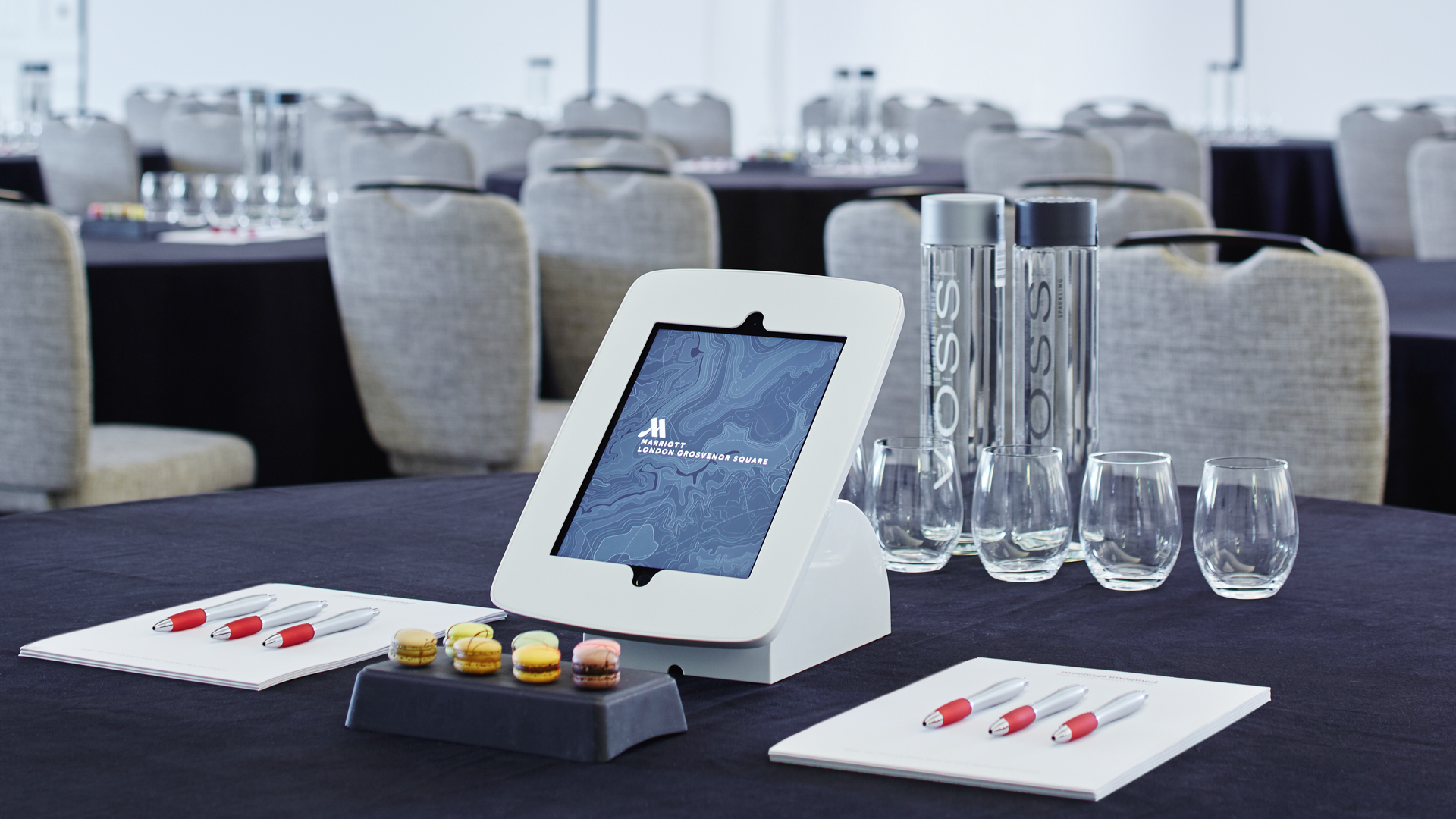 Westminster Ballroom setup with sleek tablet, ideal for meetings and events.