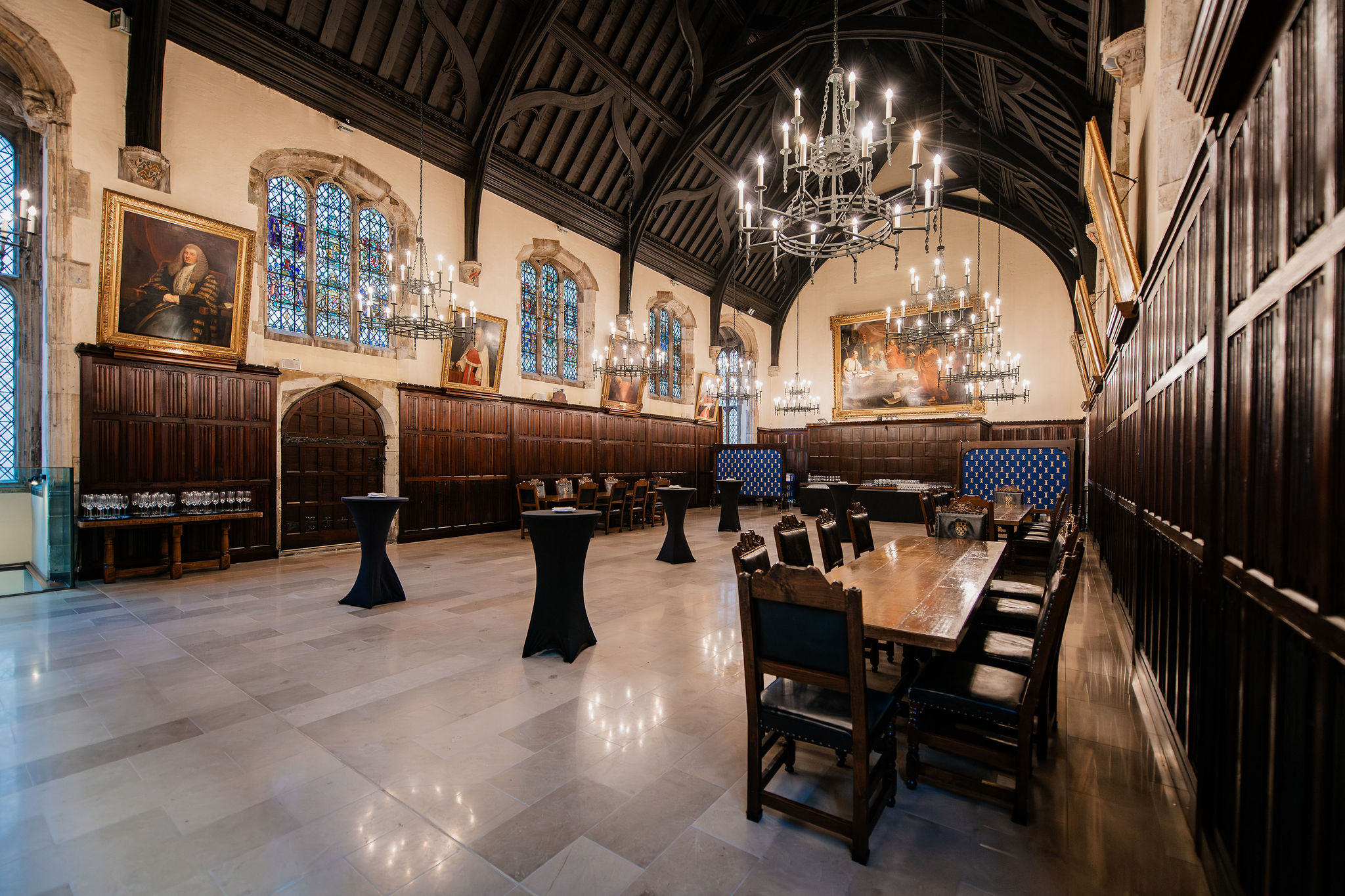 Old Hall at Lincoln's Inn: elegant event space with chandeliers, ideal for corporate gatherings.