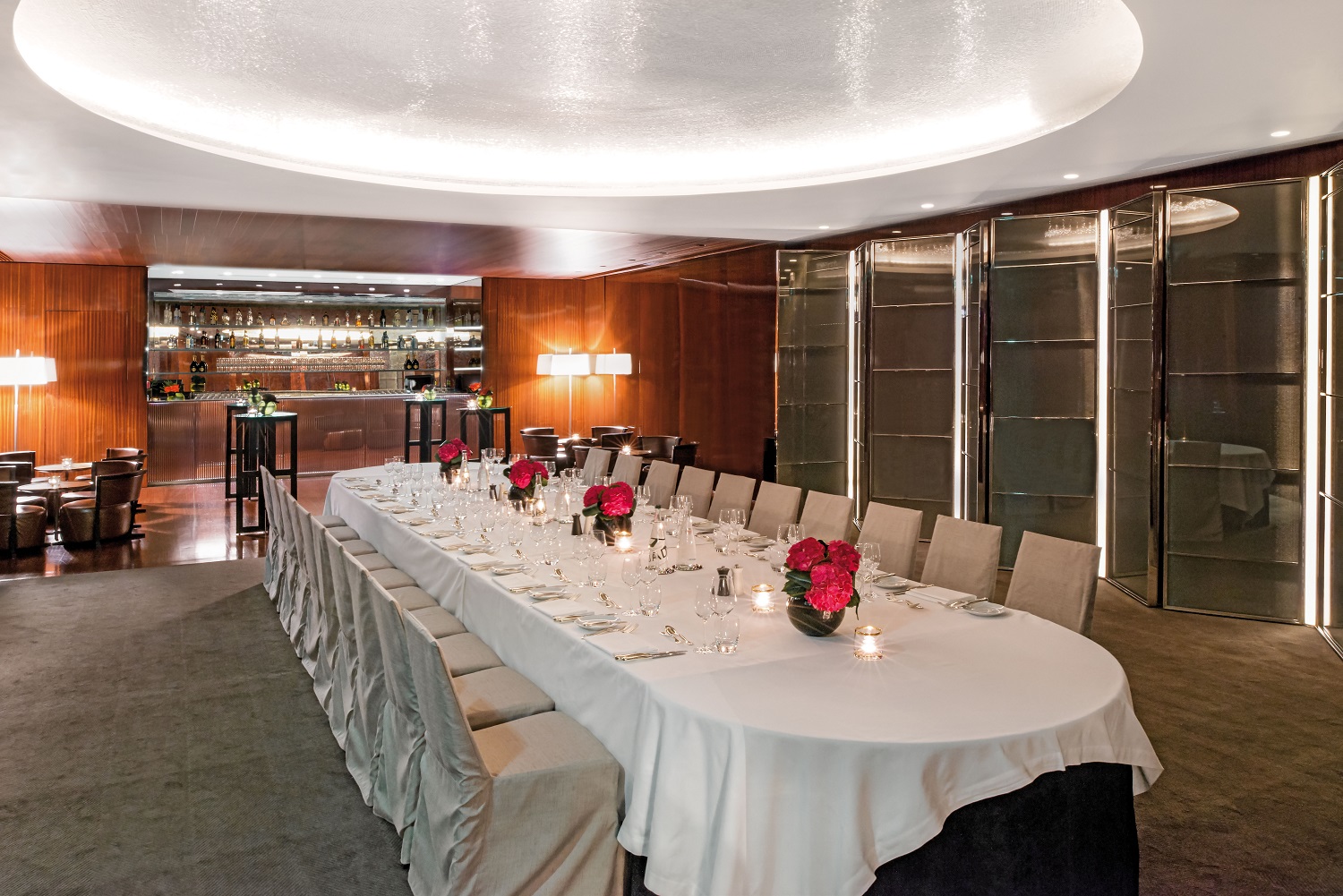 Elegant ballroom at Bulgari Hotel, London, set for a sophisticated dinner event.