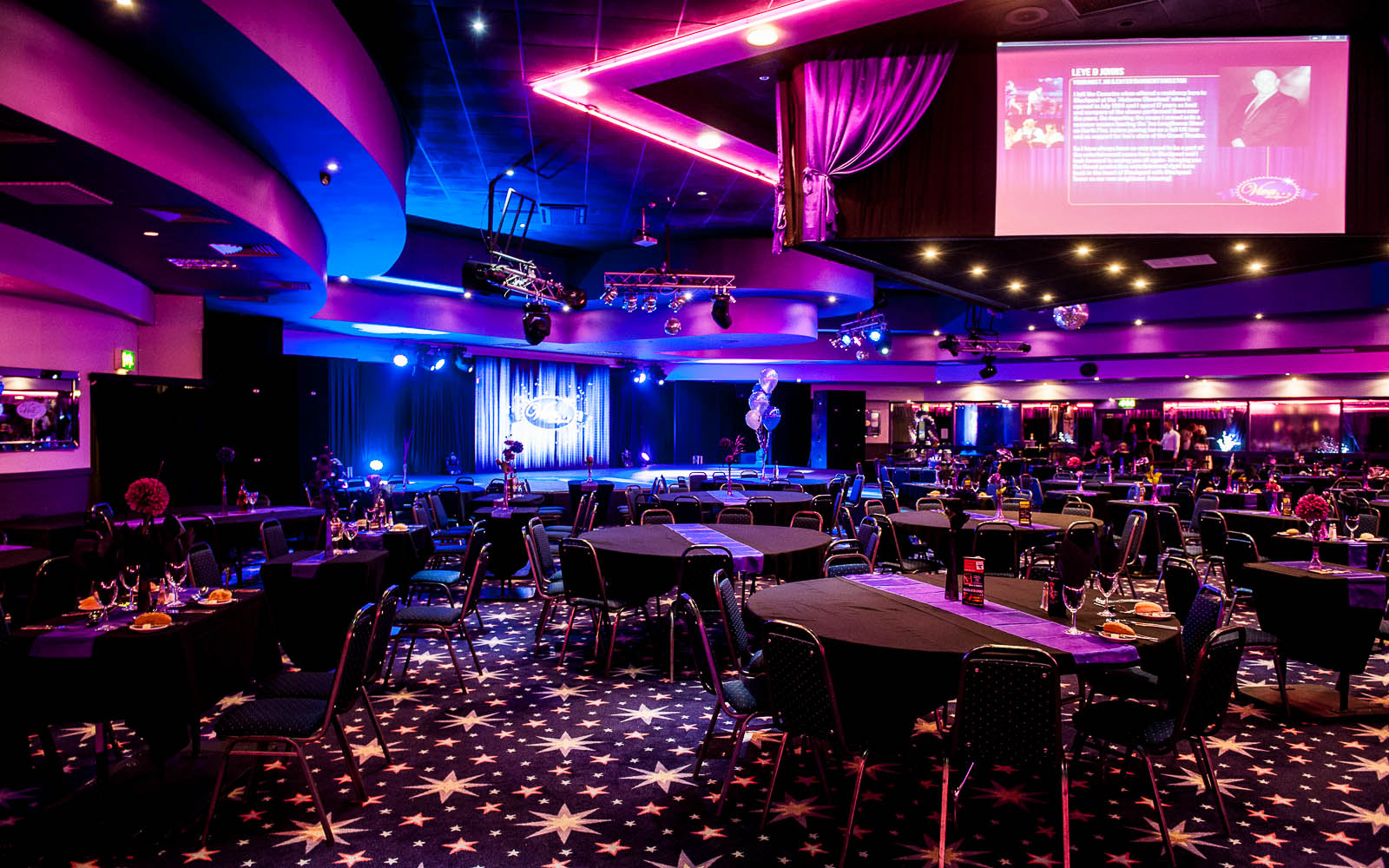 Main Theatre in Viva Blackpool with elegant tables, ideal for corporate events and galas.