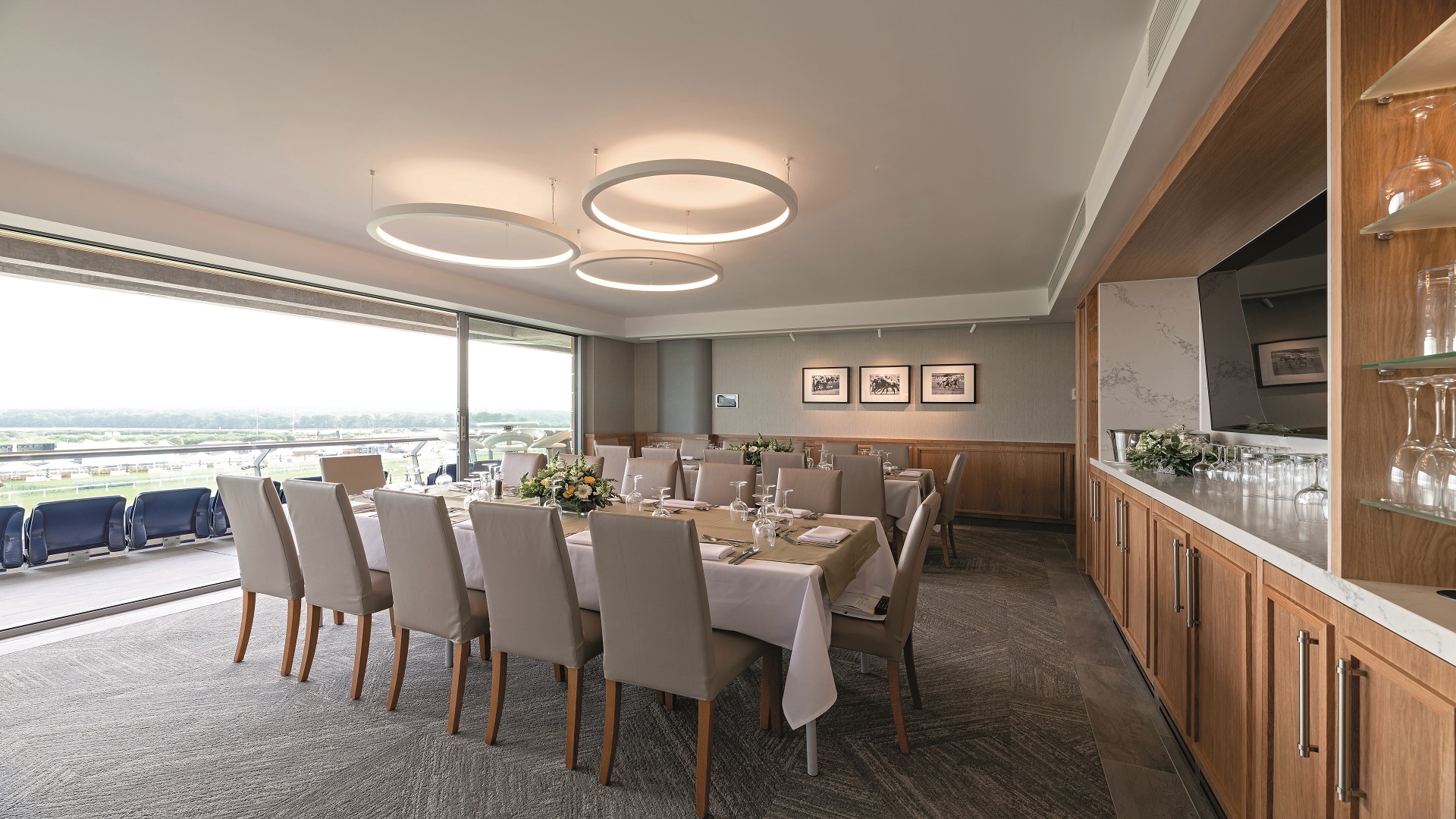 Elegant Hospitality Suite at Ascot Racecourse for corporate events and private dinners.