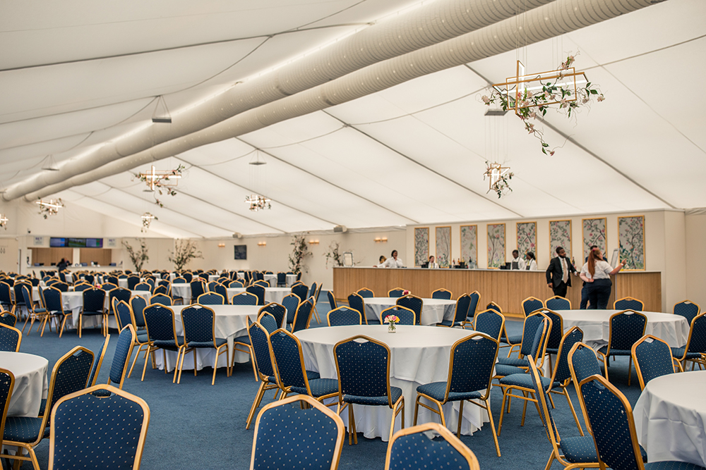 Furlong Suite at Ascot Racecourse, elegant event tent for conferences and banquets.