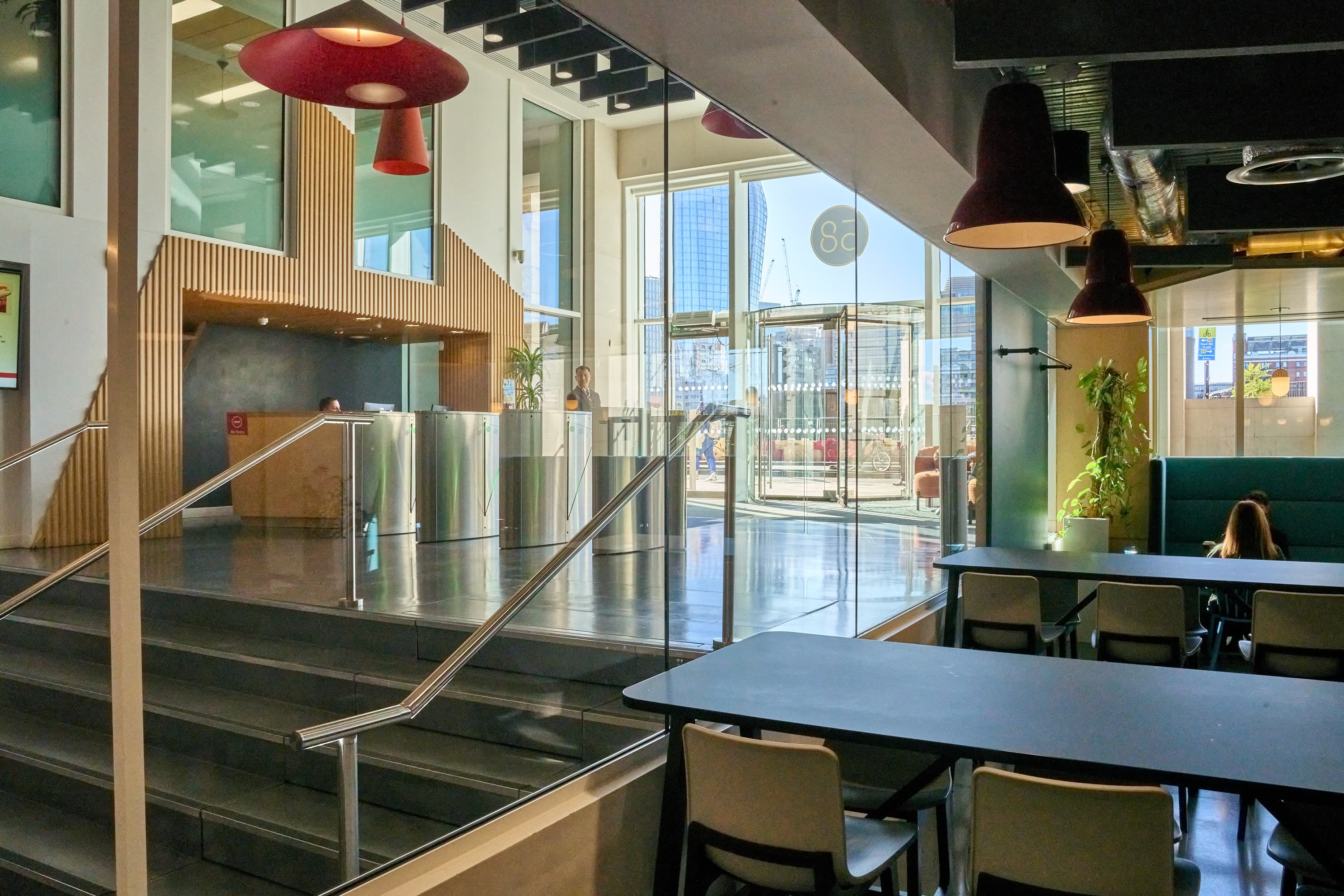 Modern multi-level venue entrance at Waterline, ideal for networking events and breakout spaces.