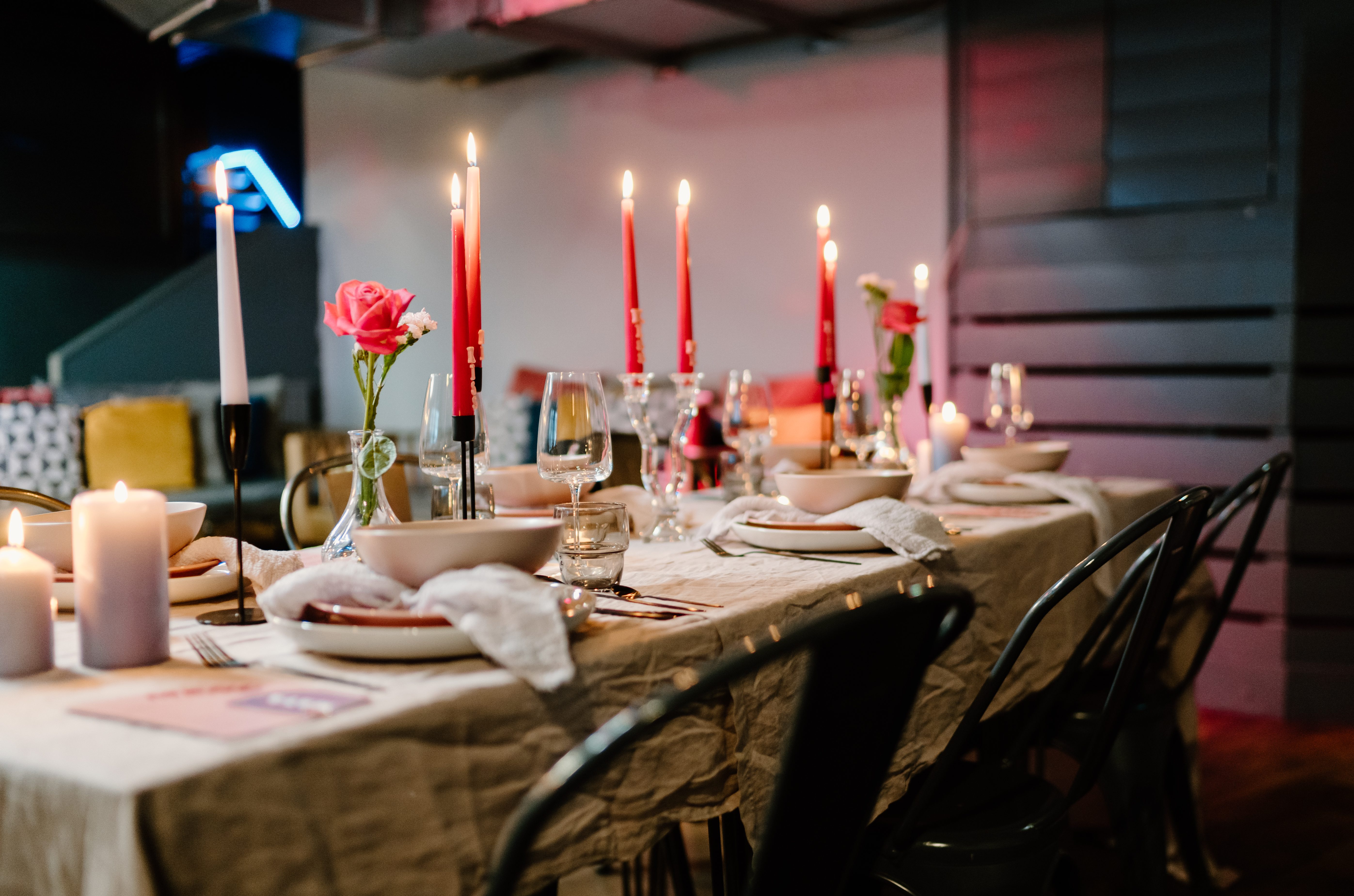 Elegant dining table with candles for intimate gatherings and special celebrations.