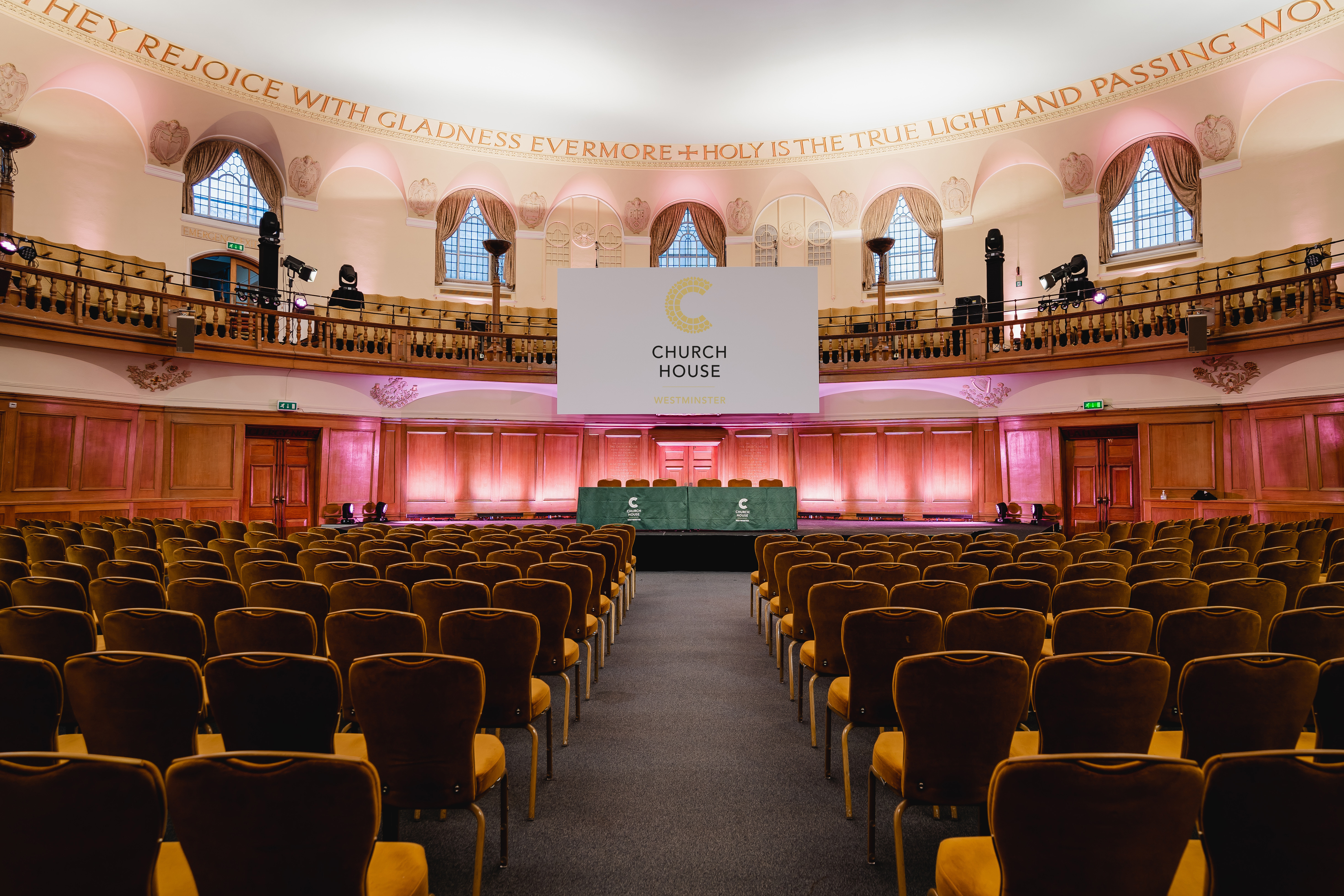 Assembly Hall at Church House Westminster, spacious auditorium for conferences and events.