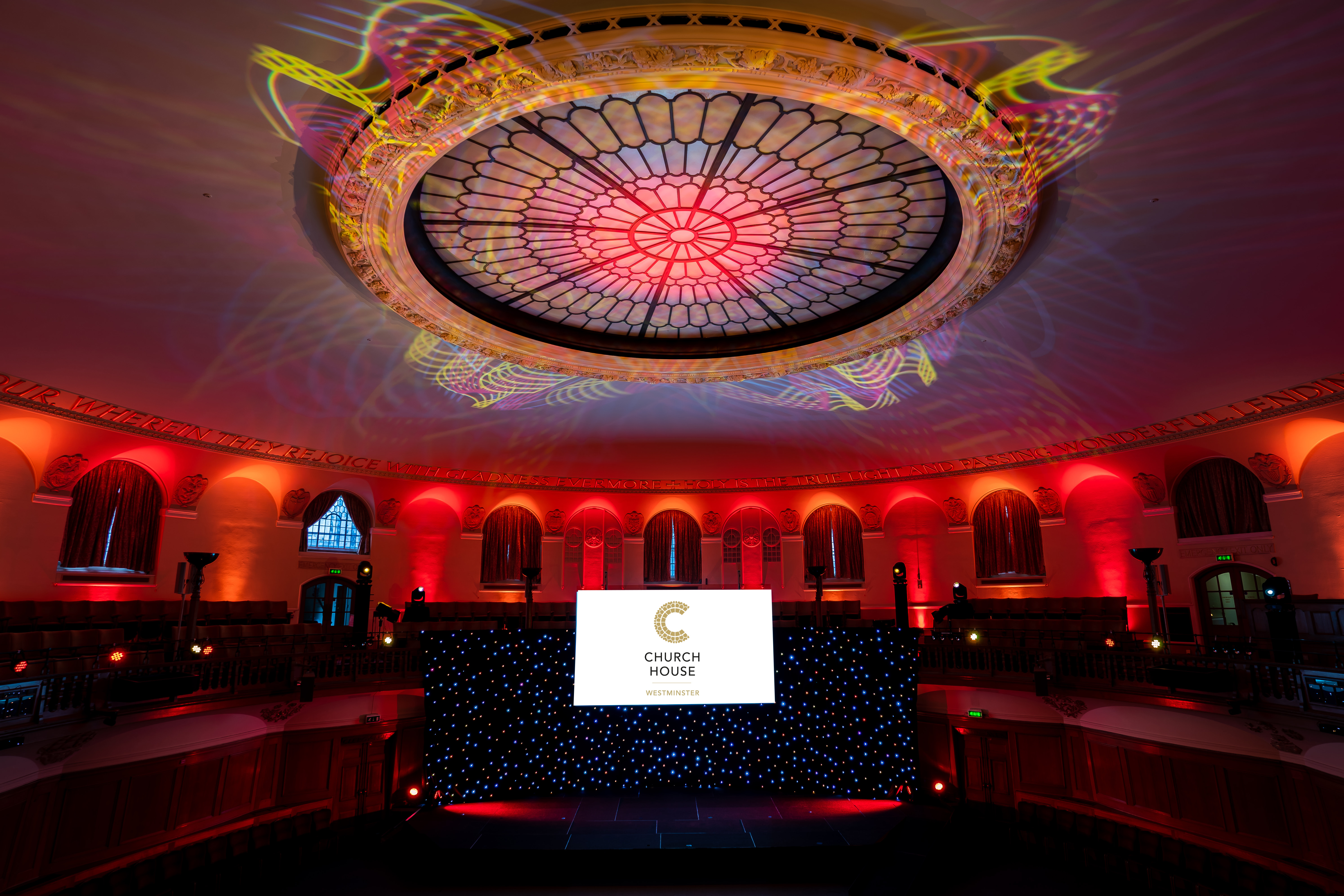 Assembly Hall in Church House Westminster with ornate ceiling, ideal for events and presentations.