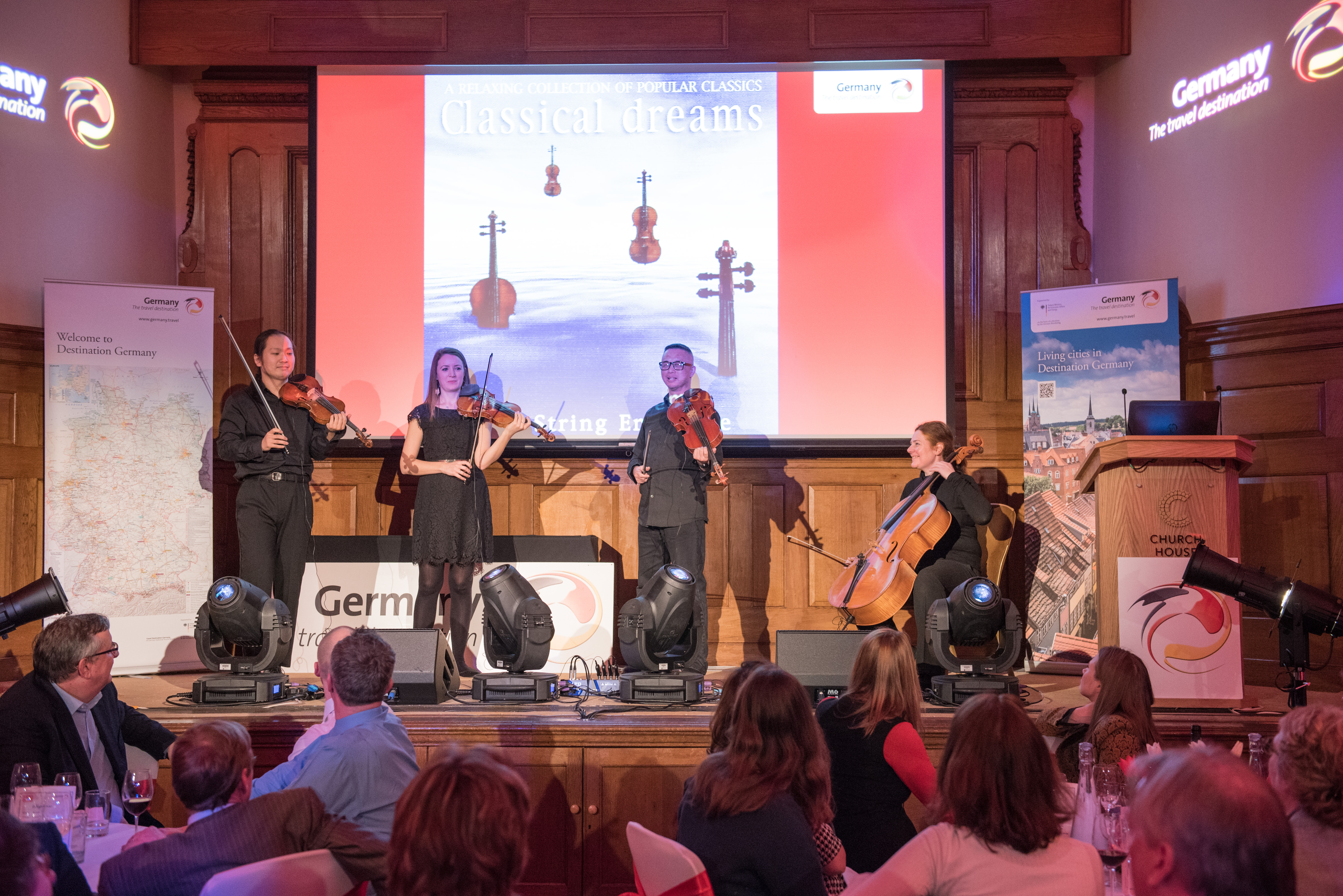 String quartet performance, elegant event, live music, Westminster