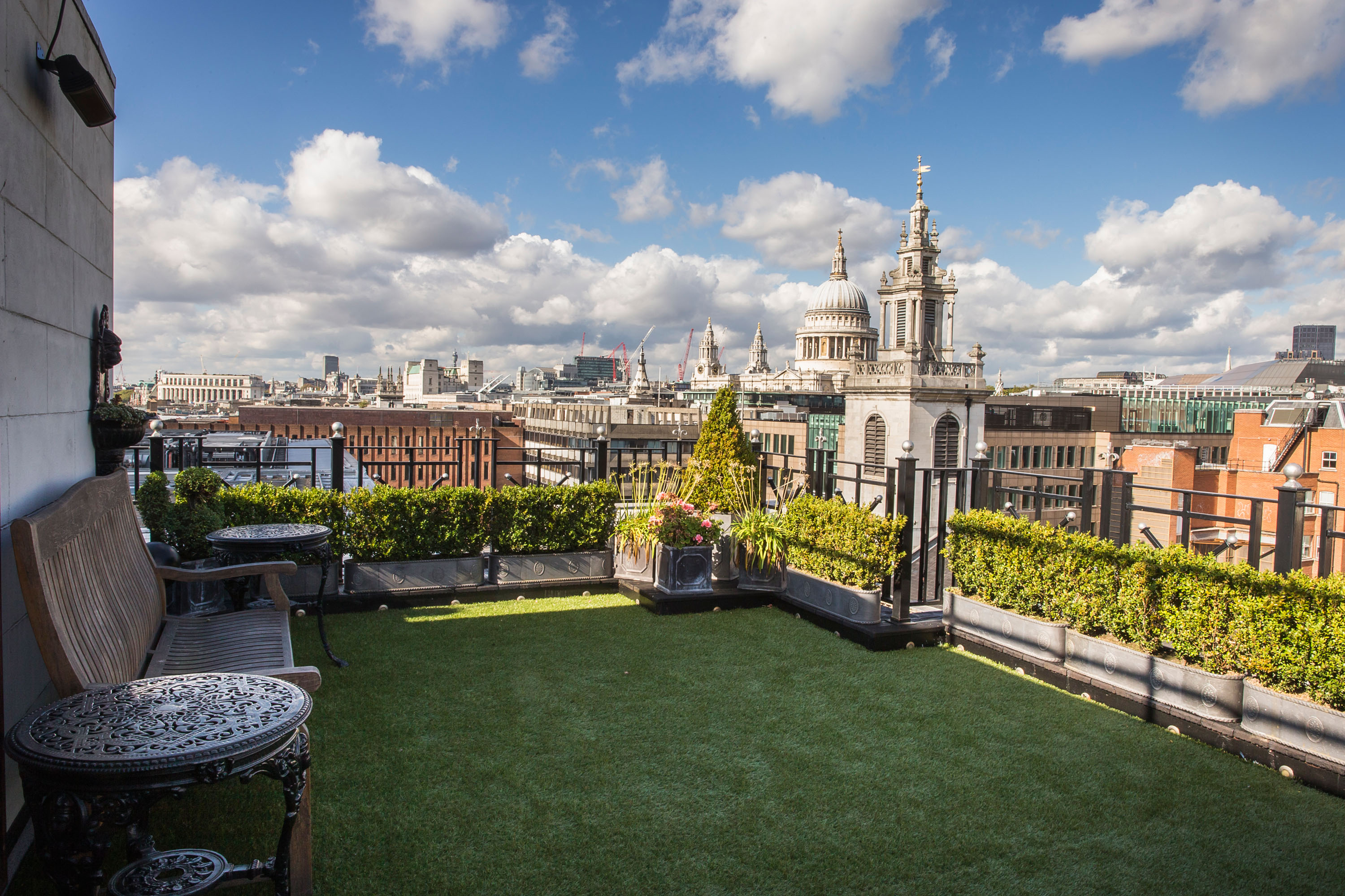 Rooftop boardroom at Vintners' Hall with city skyline, perfect for outdoor events.