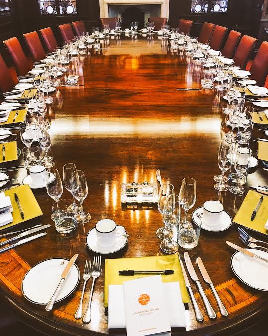Boardroom table at Vintners' Hall, polished wood, ideal for corporate meetings and events.