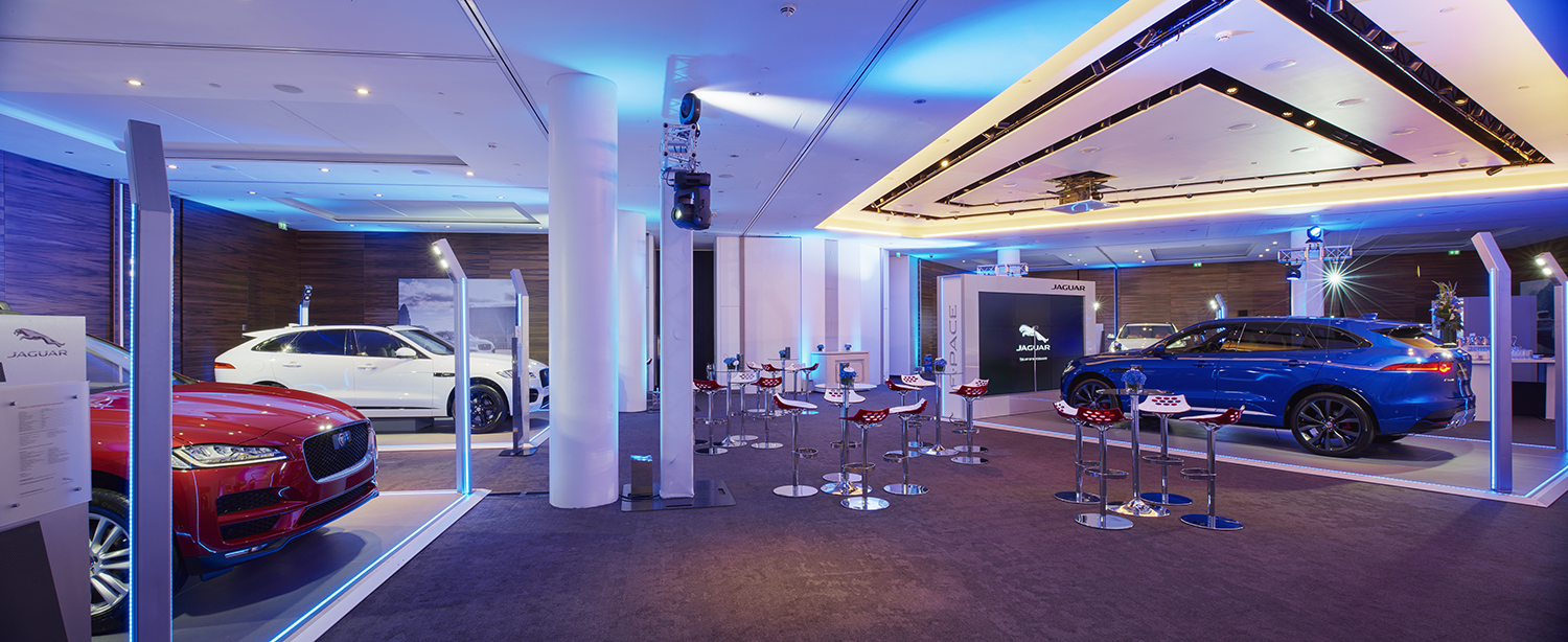 Sleek ME Room event space for automotive showcases, ideal for product launches and networking.