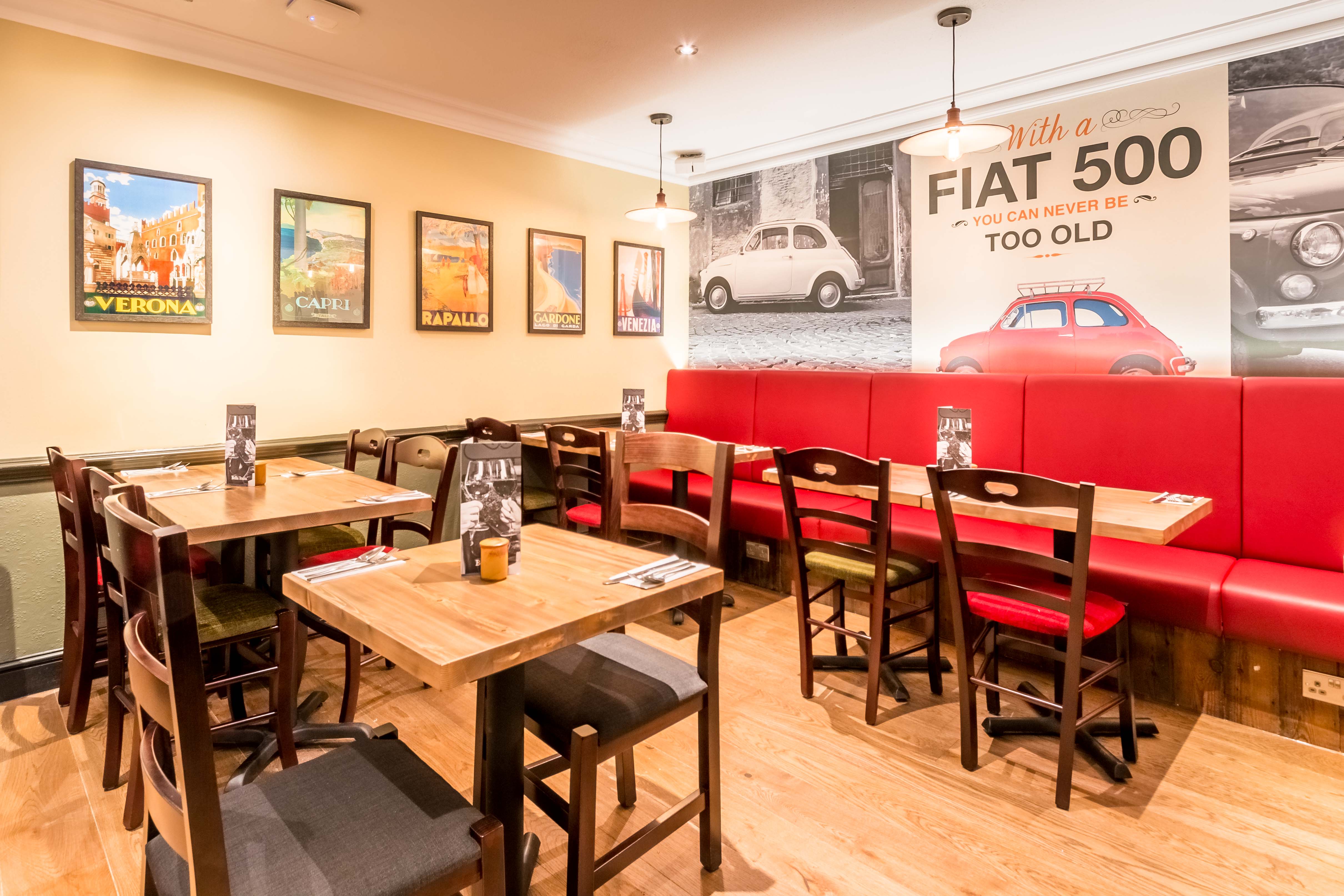 Cozy dining space in The Roma Room, Bella Italia Blackpool for intimate events and meetings.