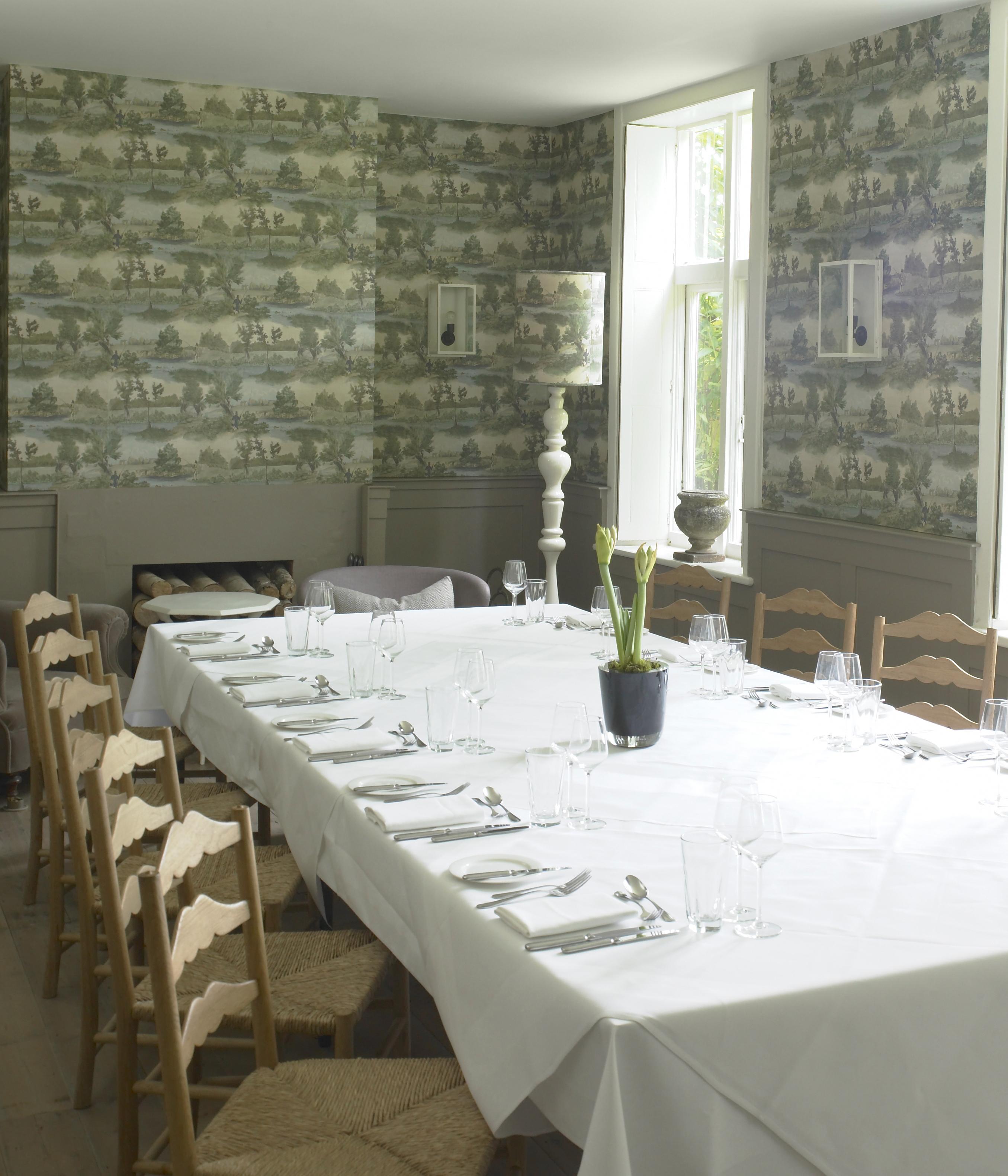 Elegant dining setup in Fly Fishing Room, Stoke Place for intimate meetings and events.