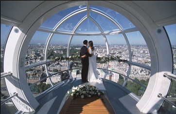 Couple exchanging vows in a glass capsule of The London Eye for a romantic wedding.