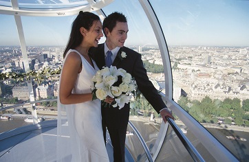 Couple in elegant attire celebrating wedding in Private Capsule of The London Eye.