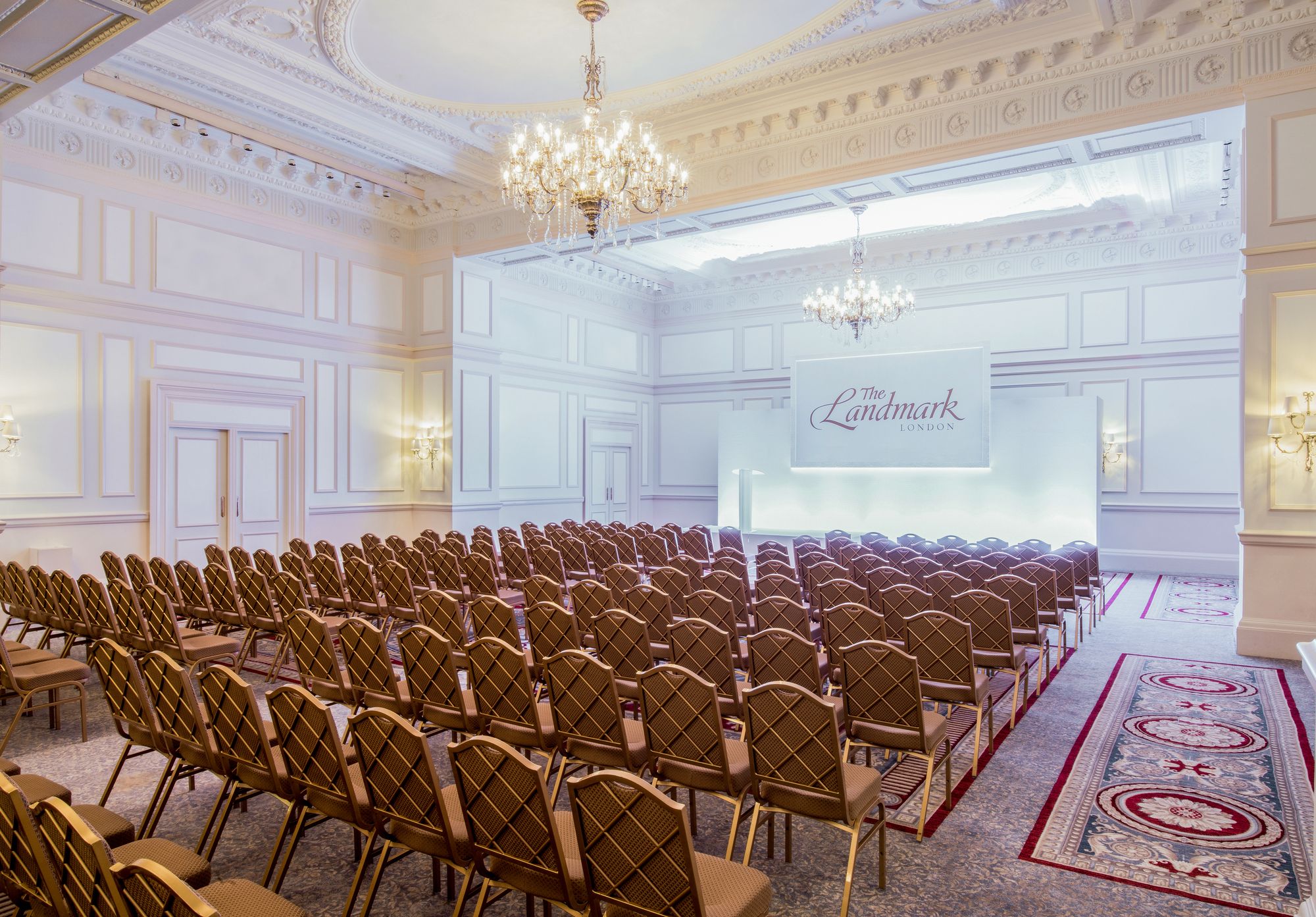 Grand Ballroom at The Landmark London, elegant decor for conferences and presentations.