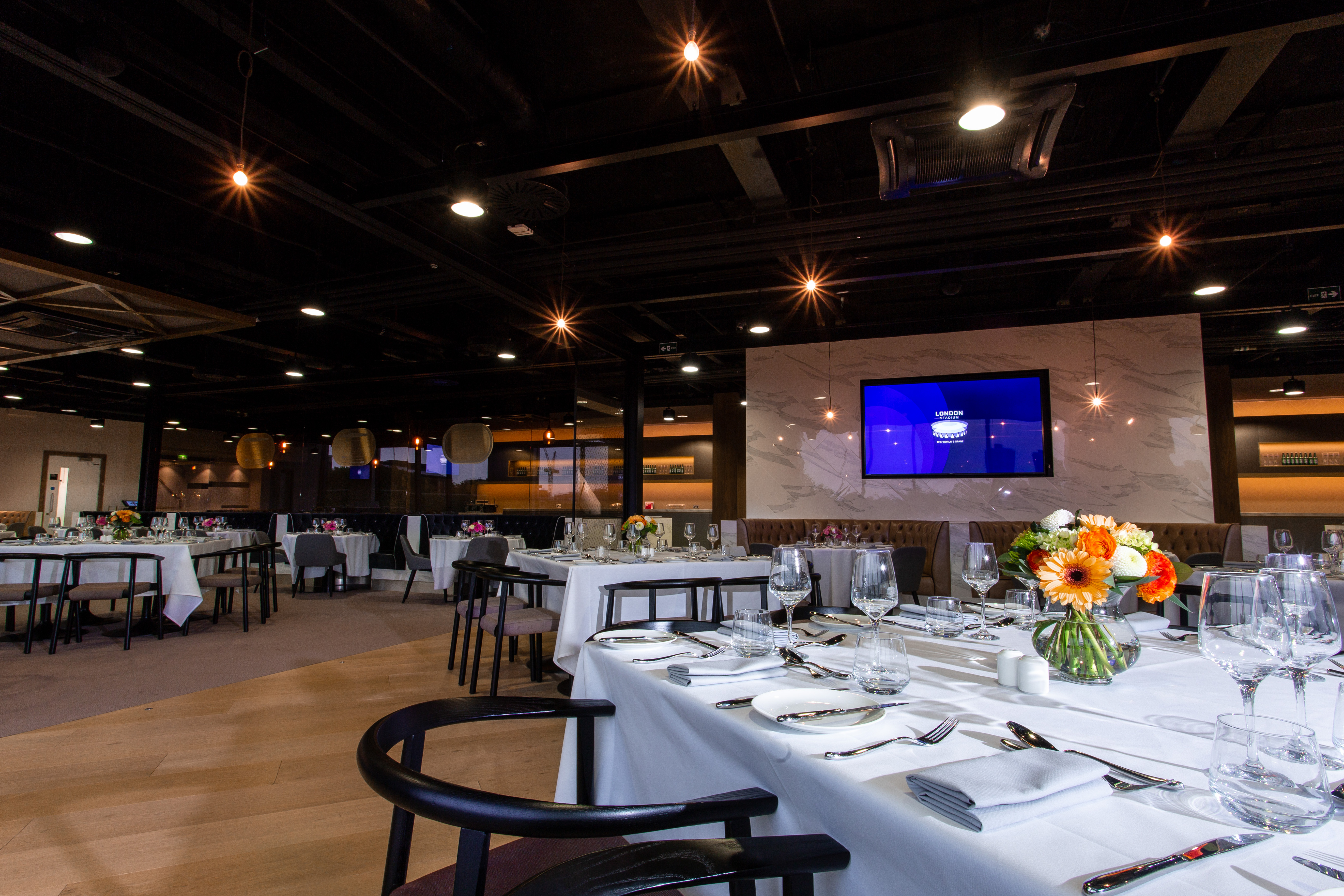 Elegant dining space at The Forge, London Stadium for corporate events and gatherings.