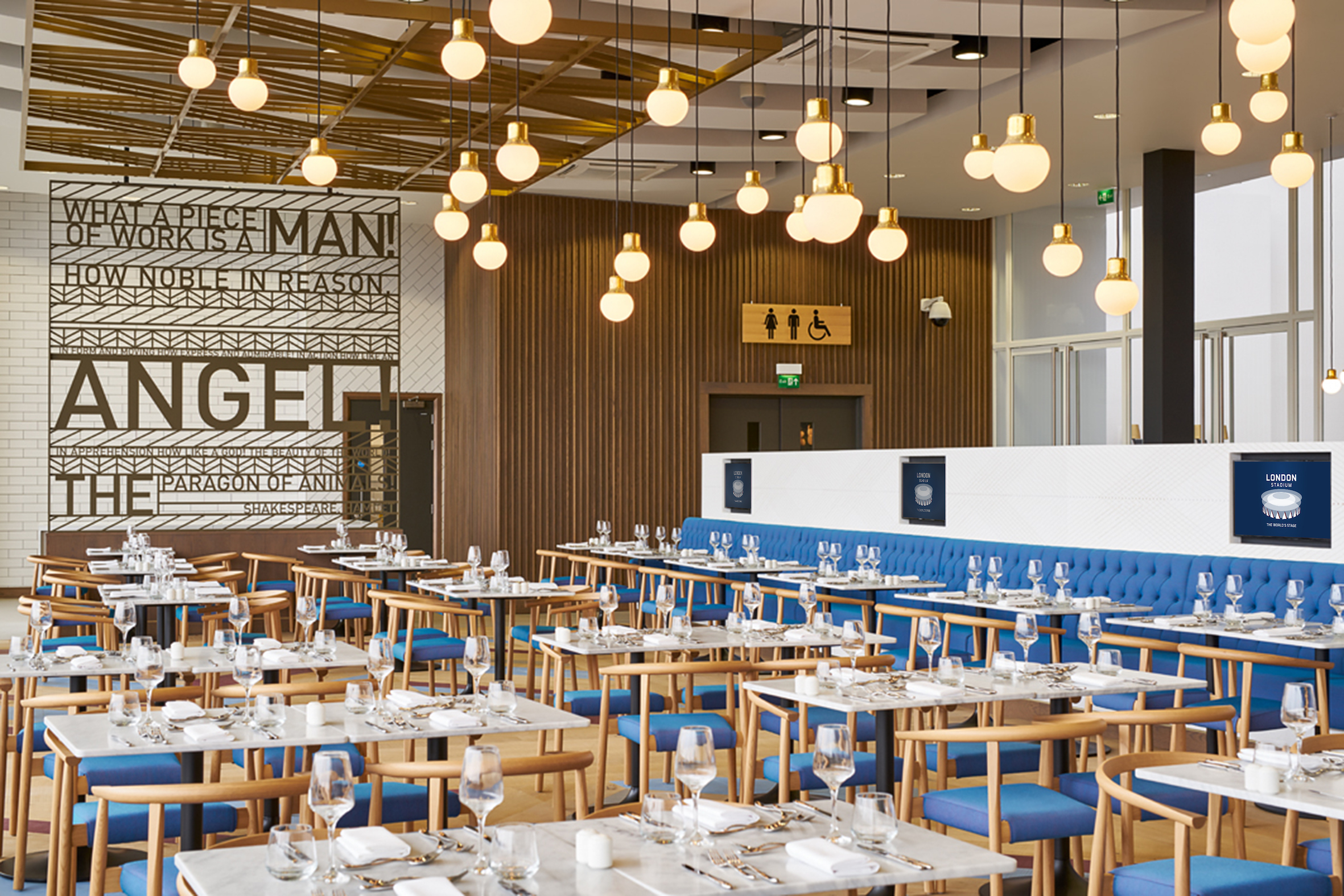Modern restaurant in London Stadium, ideal for events with stylish decor and warm lighting.